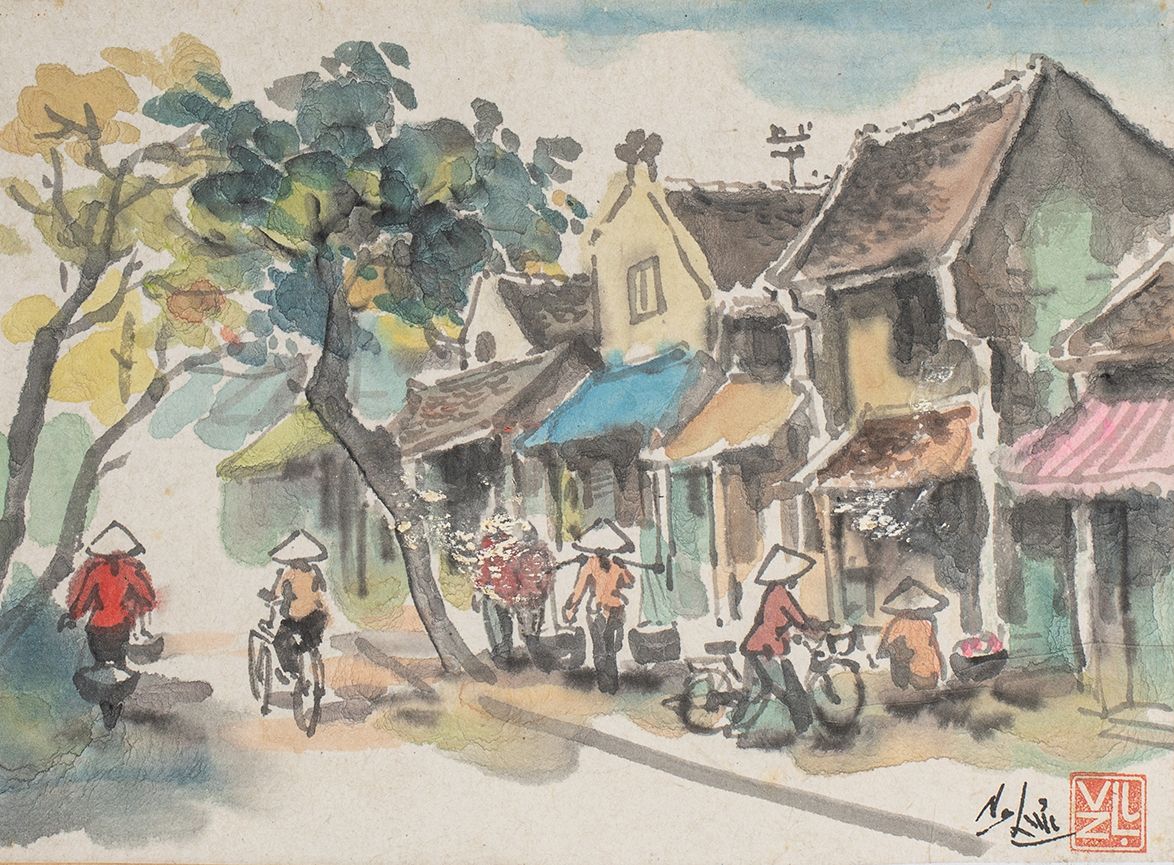 Null 
Acquerello di strada di Hanoi.

Vietnam 20° secolo

H. 28 cm, L. 21 cm