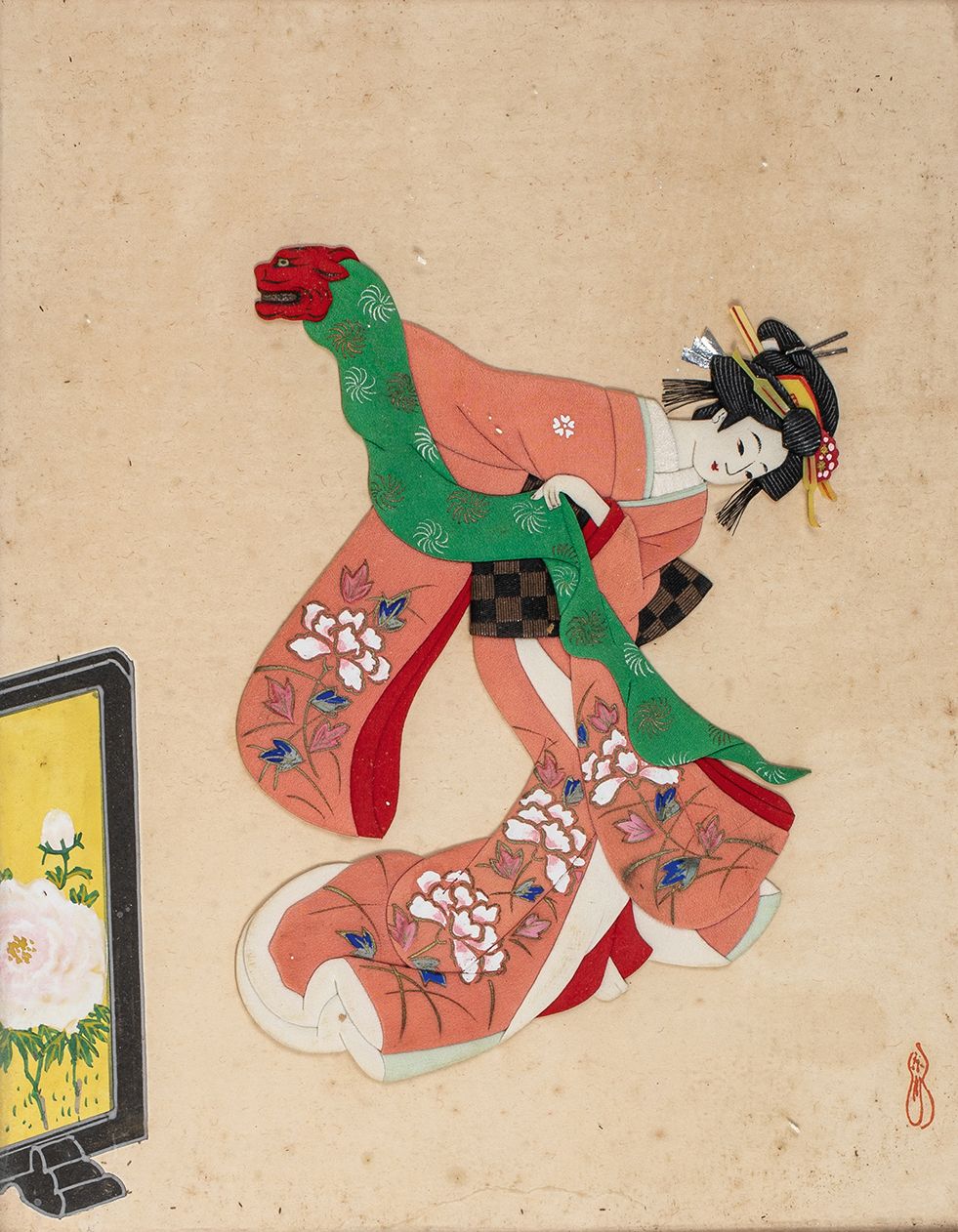 Null 
Pequeño panel con una geisha de tela.

Japón Siglo XX

H. 29 cm, W. 23 cm