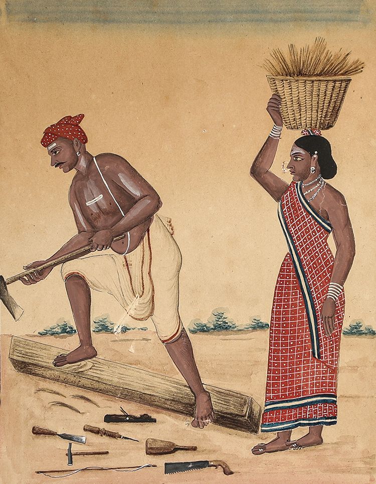 Null 
三幅纸上水彩画，有框架的农民场景。印度 第20届

H.23厘米 宽19厘米