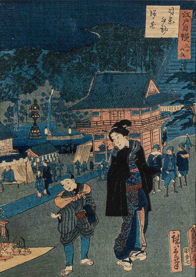 Null 
Hiroshige print on crepe paper, framed.

Chuban format.

Late Meiji Japan