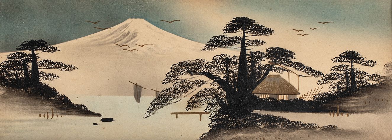 Null 
Zwei gerahmte Gemälde des Berges Fuji.

Japan 20. Jahrhundert

B. 28 cm, H&hellip;