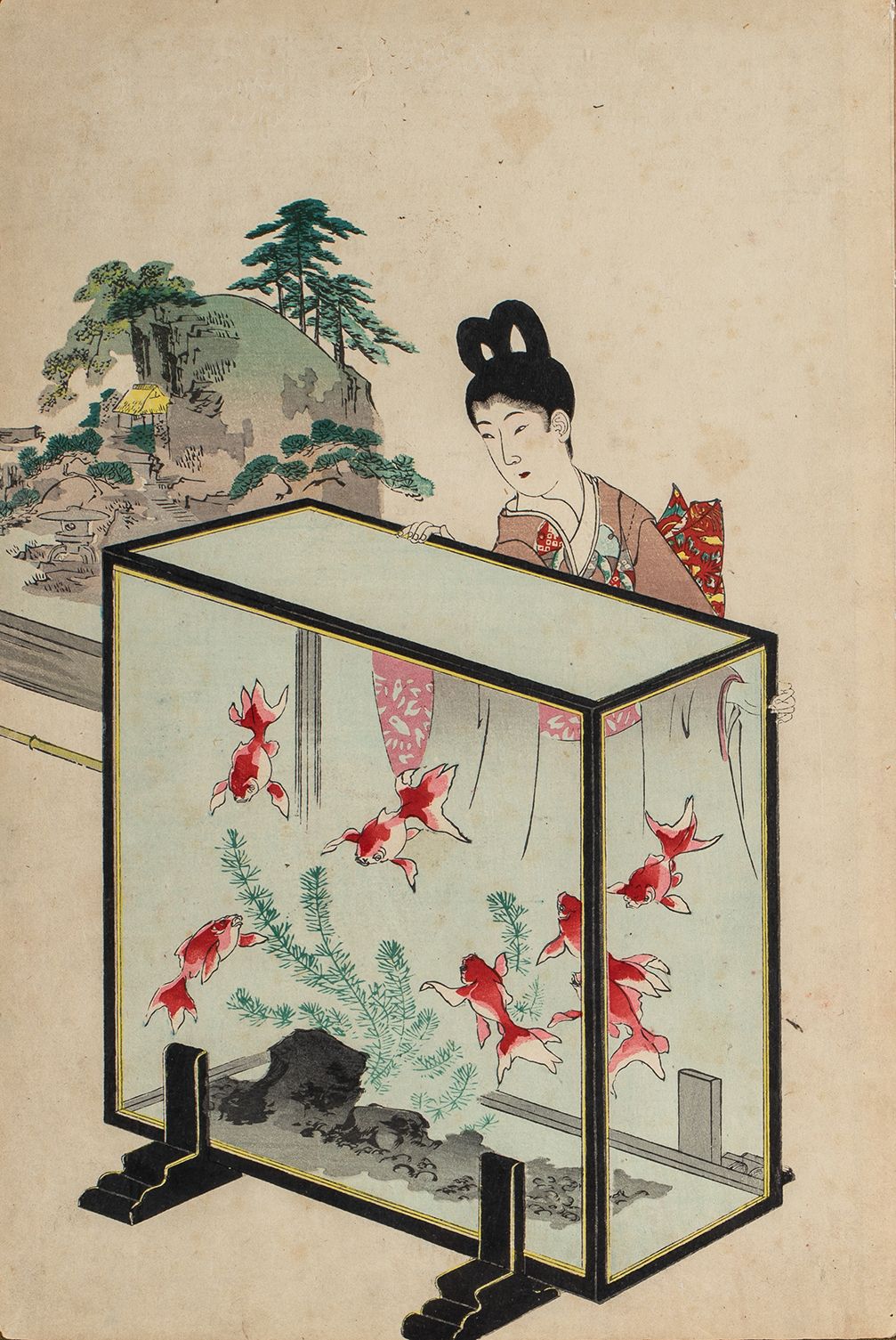 Null 
Print of Chikanobu, Geisha in front of an aquarium (part of a tryptic).

O&hellip;