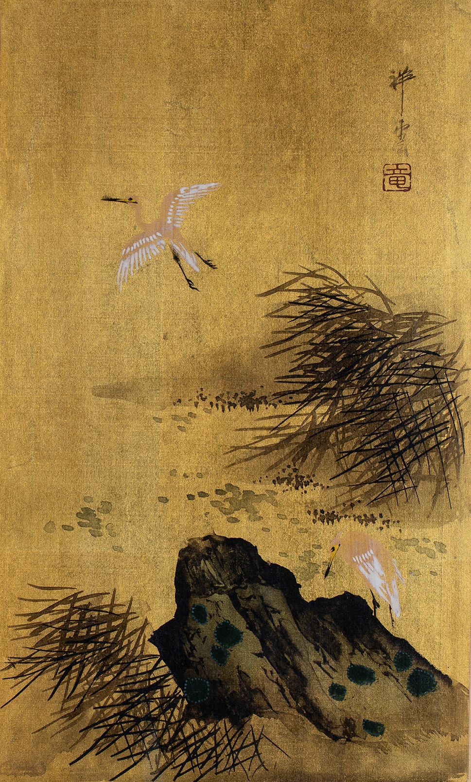 Null 
Malerei von Wathosen auf Goldglimmer. Showa 20. Japan

H. 34 cm L. 23,5 cm