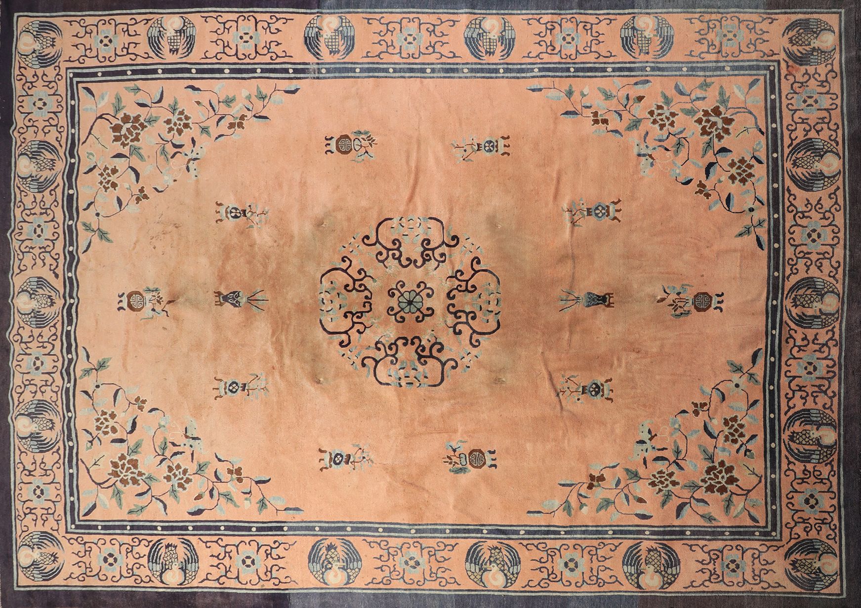 Null Antique Peking Chinese carpet, salmon background, central medallion blue ba&hellip;