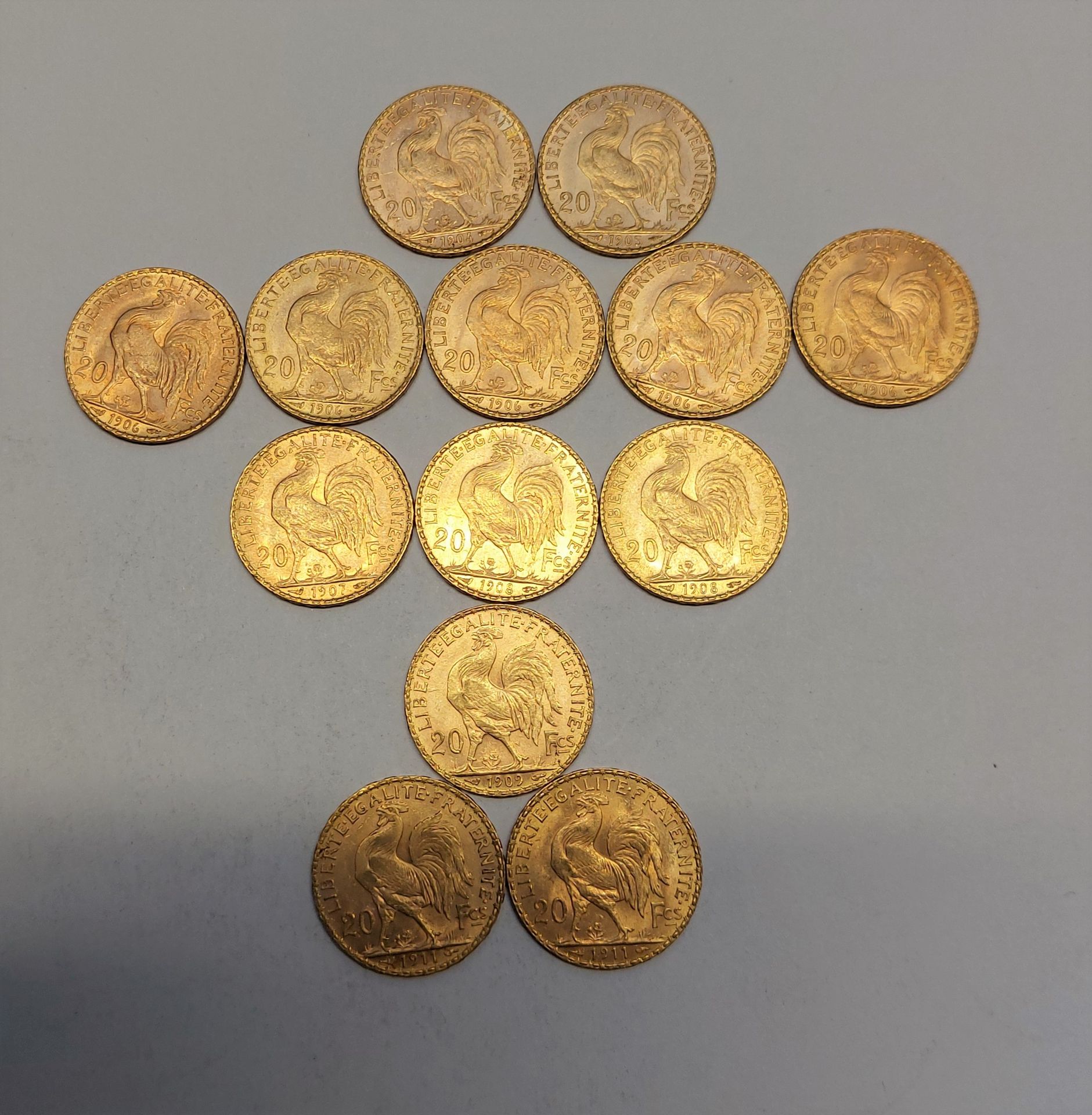 Null 十三个20法郎的硬币，共和国，1904年，1905年，1906年（5），1907年，1908年（2），1909年，910年（2）。
重量：84克_x0&hellip;
