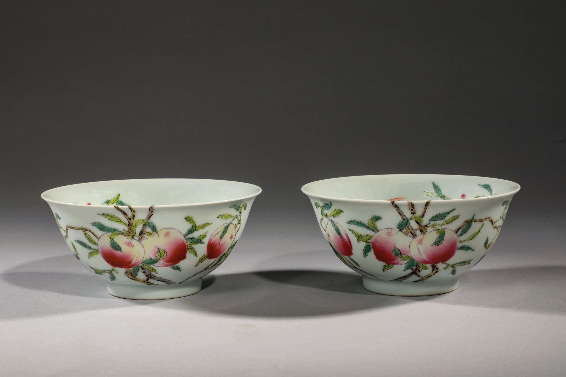 Null Pair of yangcai bowls decorated with five peaches and five bats. Mark Yong &hellip;