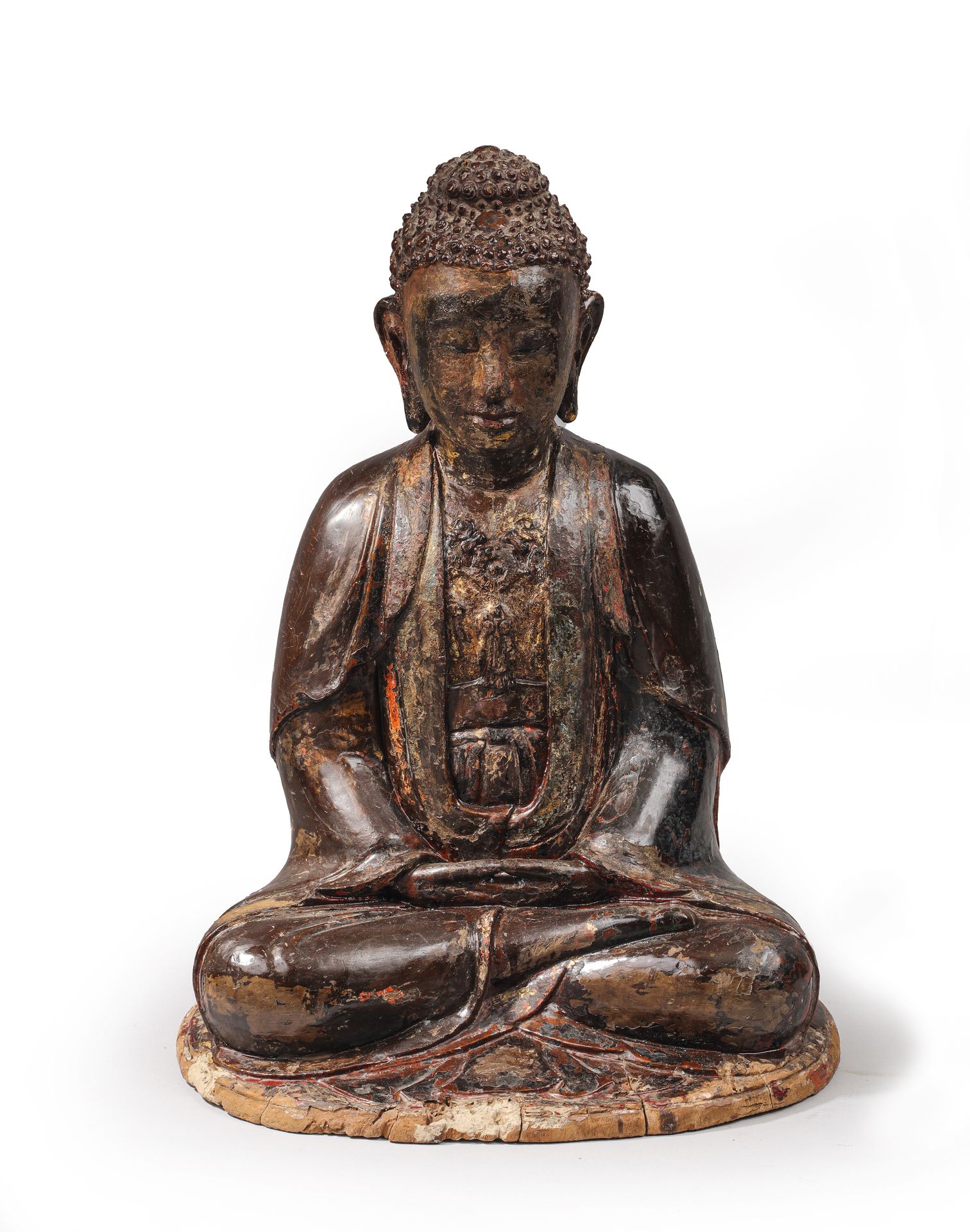 Null BOUDDHA en bois laqué, assis en position de «Dhyana-Mudra»,
(méditation). D&hellip;