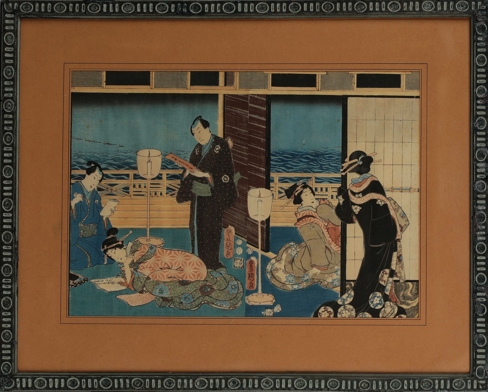 Null 东国三世的双联画 "惣右卫门"。
王子源氏和璧人写的诗
苏梅古拉的露台，署名为Toyokuni ga。
日本 1855年
(玻璃下的框架)