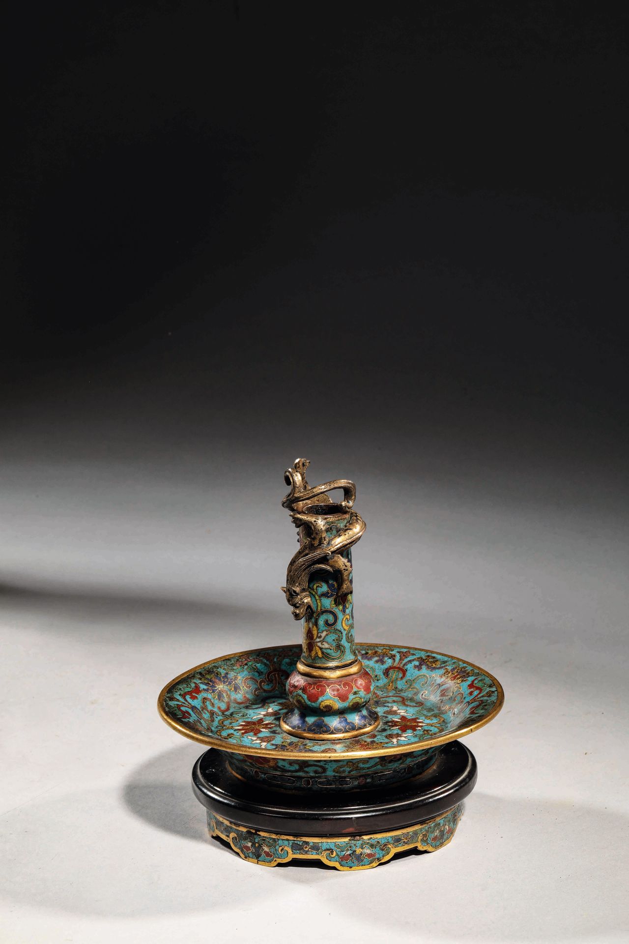 Null Peking cloisonné enamel candlestick decorated with a coiled dragon,
Qing Ch&hellip;