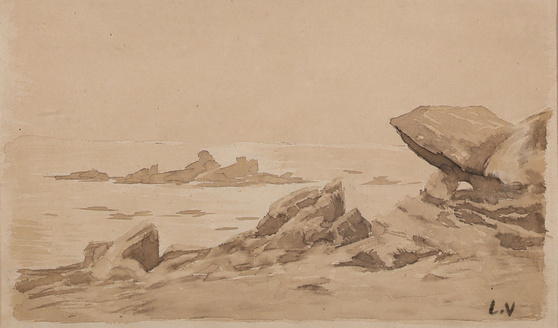 Null 归功于路易斯-瓦尔塔（1869-1956）。
海边的风景
纸上水墨画，右下角标有字样
13,5 x 23 cm