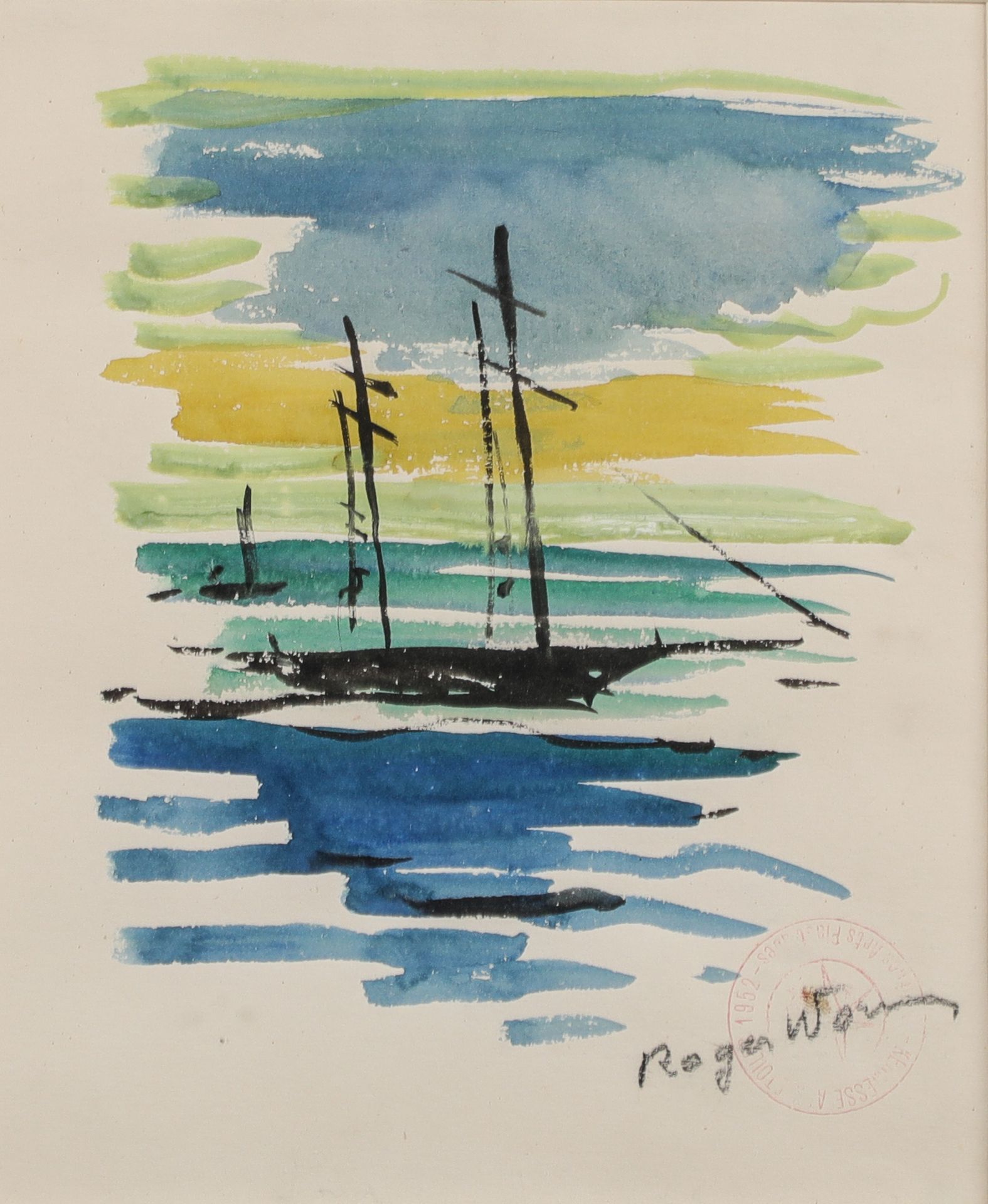 Null Roger WORMS (1907-1980) 
LE VOILIER BLEU 
Aquarelle sur papier signé en bas&hellip;