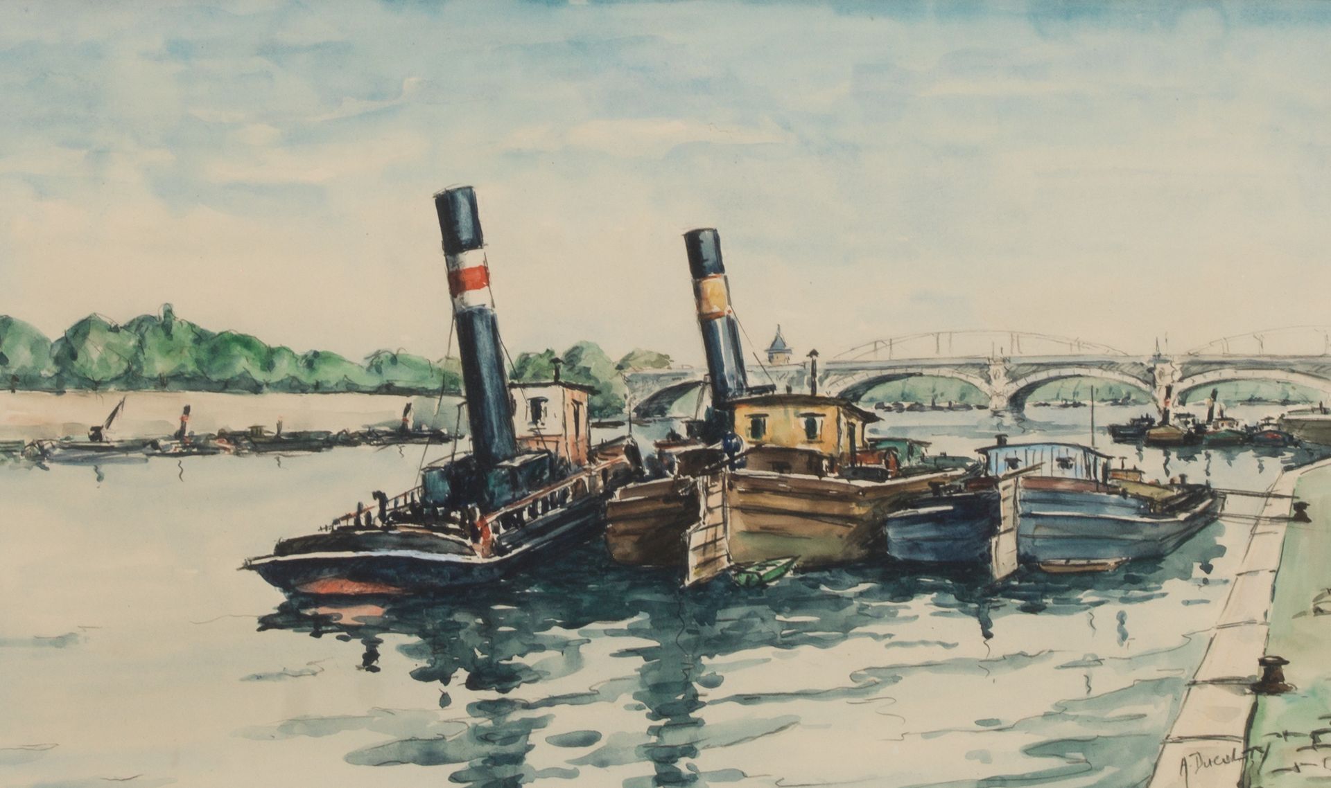 Null 归属于André DUCULTY (1912 - 1990)
槟城的景色
纸上水彩、墨水和铅笔，右下方有签名
尺寸：25.5 x 42.5厘米
