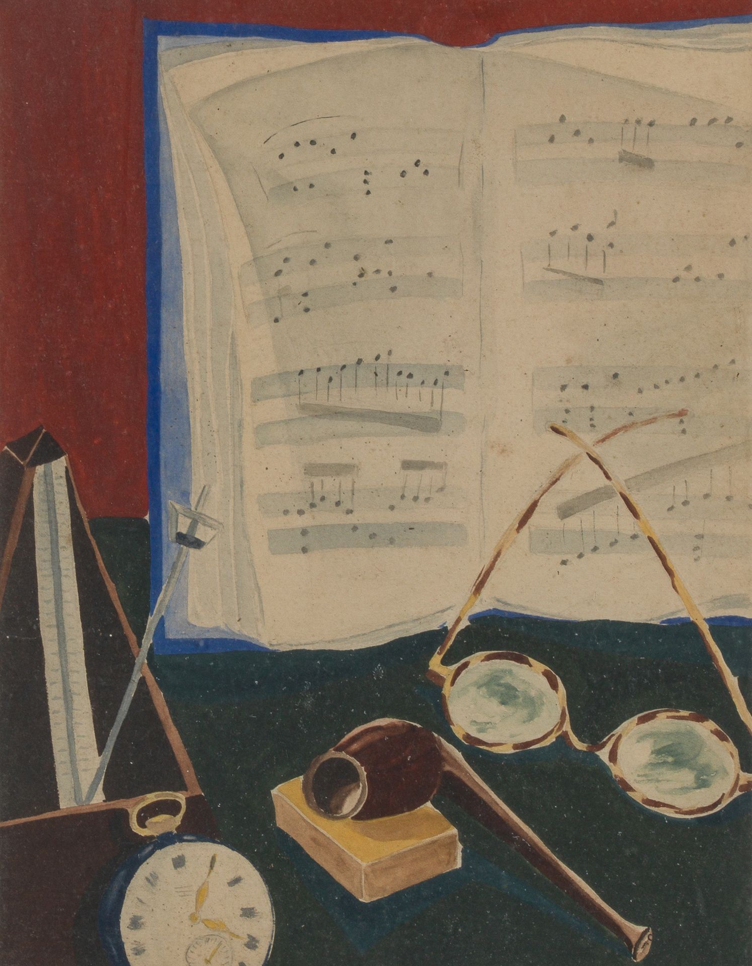 Null J.DECHIN (XX)
静物与乐谱和节拍器，1931年
纸上水粉画，右下方有签名和日期
30.5 x 23 cm