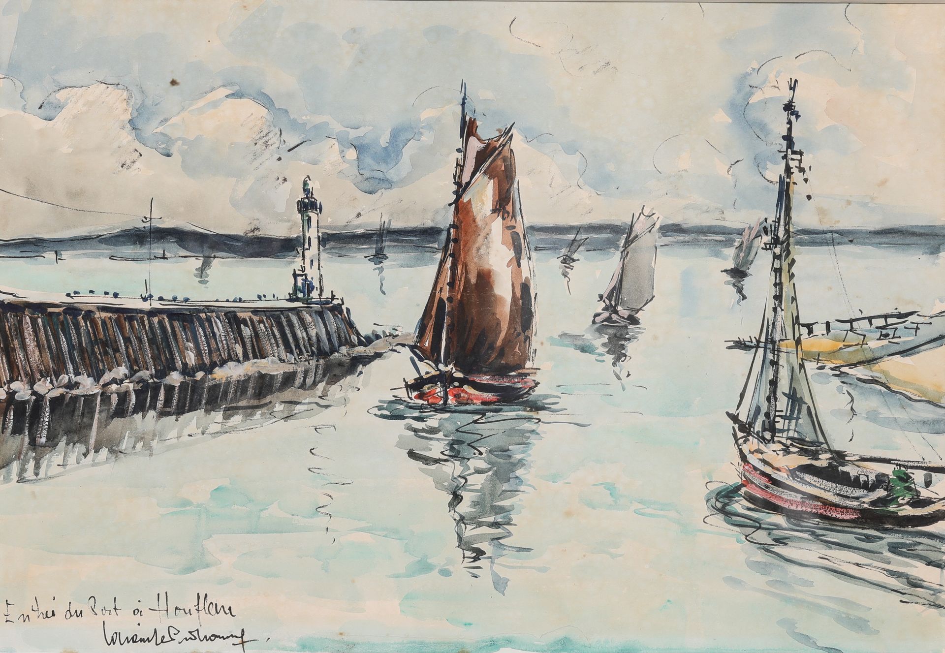 Null 罗伯特-L.P.-拉沃内(1916-1999)
"昂弗勒尔港的入口"。
纸上水彩和水粉画，左下角有签名和标题
35 x 50厘米