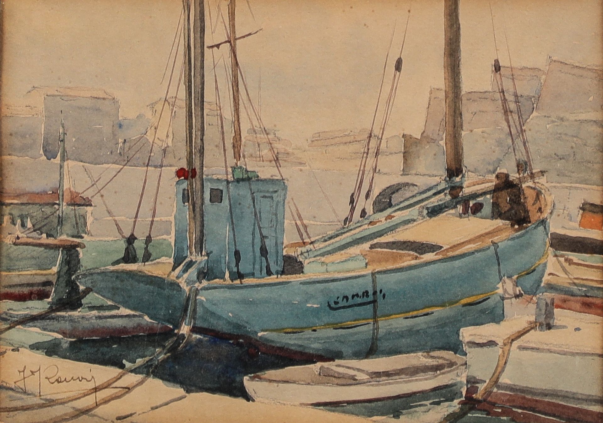 Null 法国学校，20世纪初
港口景观
纸上水彩画，右下角有签名
14 x 18,5 cm
