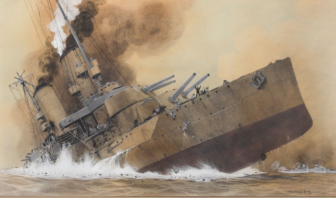 Null 沙荷号
凯撒号战舰的沉没，1916年
(日德兰之战)
纸上水粉、水墨和水彩，右下方有签名和日期
47 x 81厘米

出处：Passion Marin&hellip;