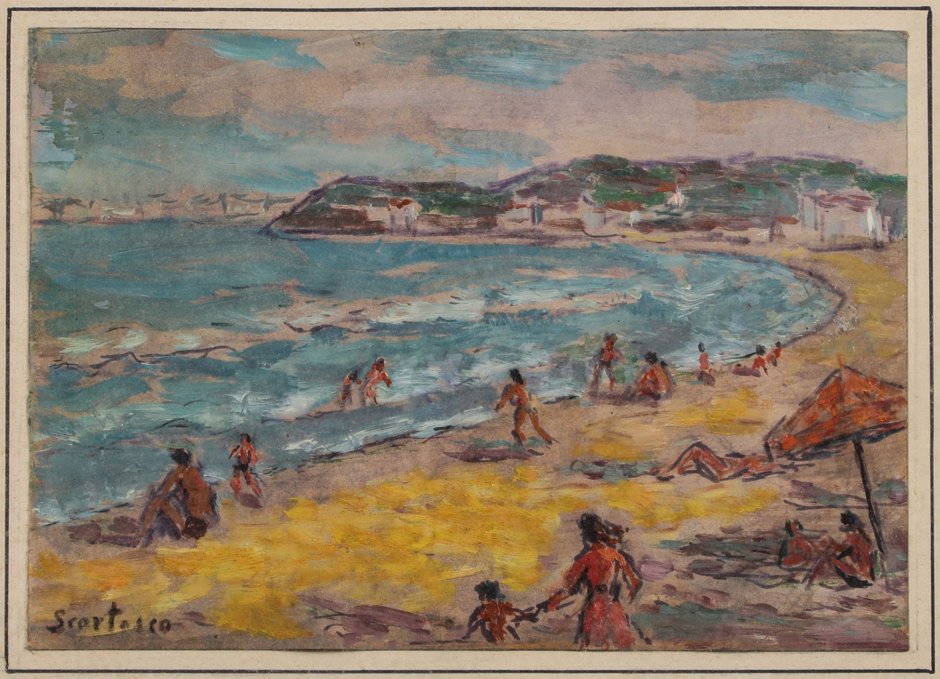 Null 归功于保罗-斯库特斯科（1895-1976）。
沙滩上的人
纸板上的水彩画，左下角有签名
尺寸：21.5 x 29厘米