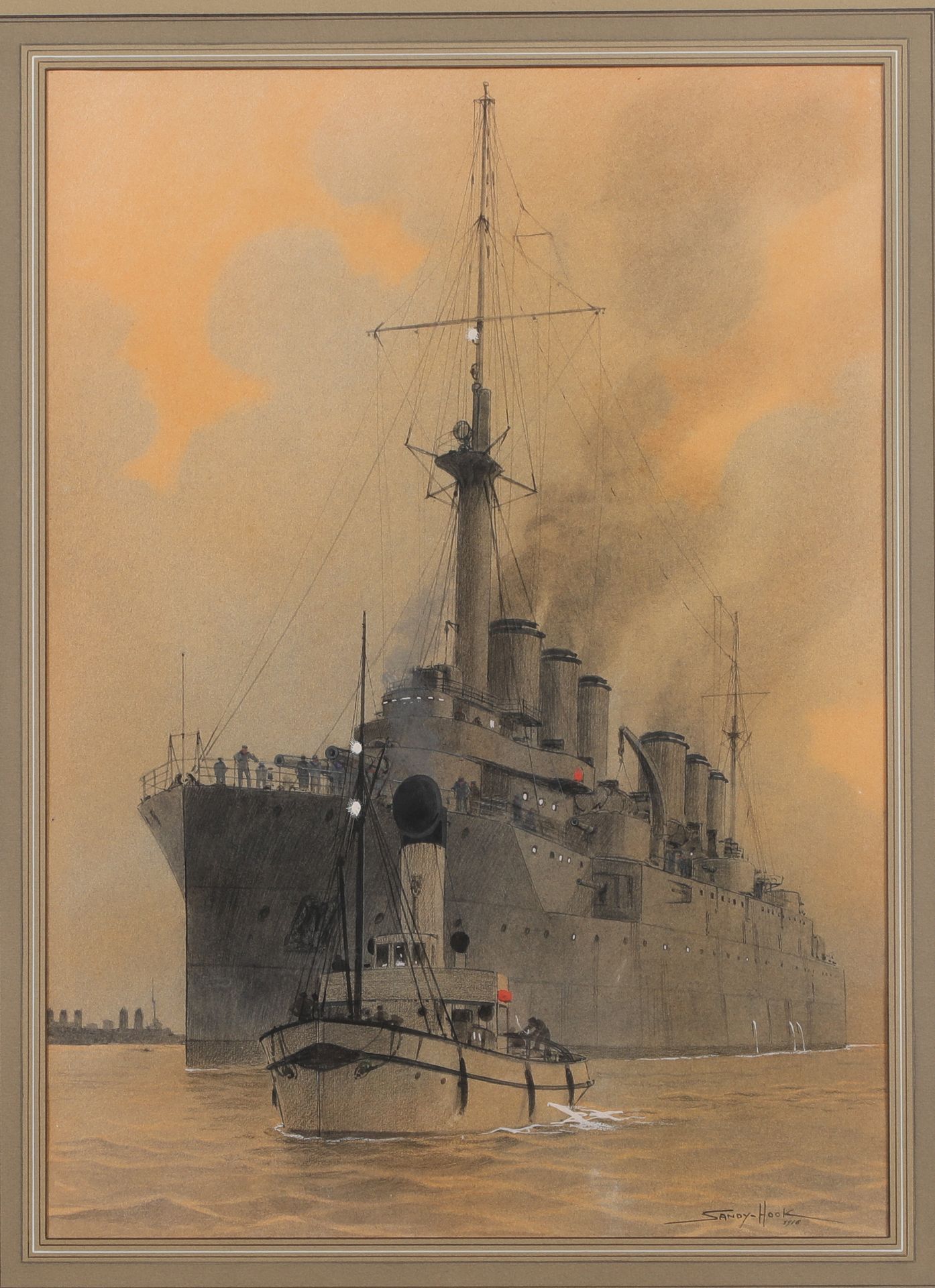 Null 沙河号 (1879-1960)
战舰和它的拖船，1916年
纸上水墨、水彩和水粉，右下角签名
56 x 40厘米

出处：Passion Marine&hellip;