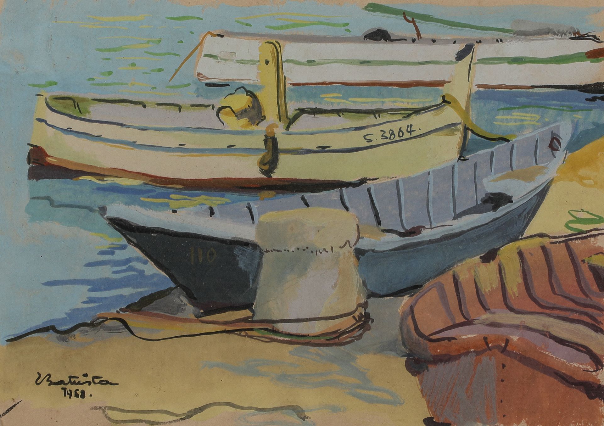 Null Eric BATTISTA (生于1933年)
塞特斯港的景色，1958年
纸上水粉画，左下方有签名和日期
30.5 x 22.5厘米