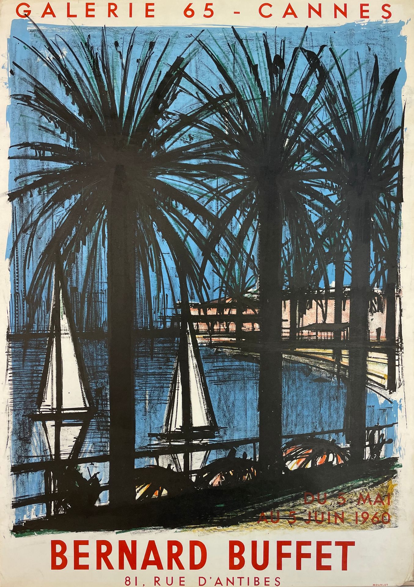 Buffet (Bernard). 
海报（1960年）。为他在戛纳65画廊的展览制作的彩色石版画。尺寸：77.5 x 63厘米（边缘有切口，下角丢失）。