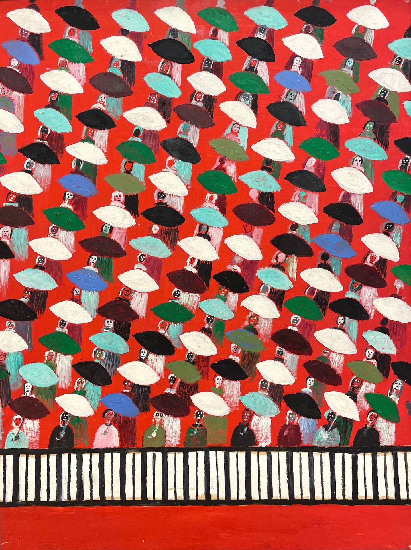 COULON (Berthe). "雨伞的人群"。板面油画，装在黑色木框中。框架尺寸：108 x 83厘米；主题：105 x 80厘米。