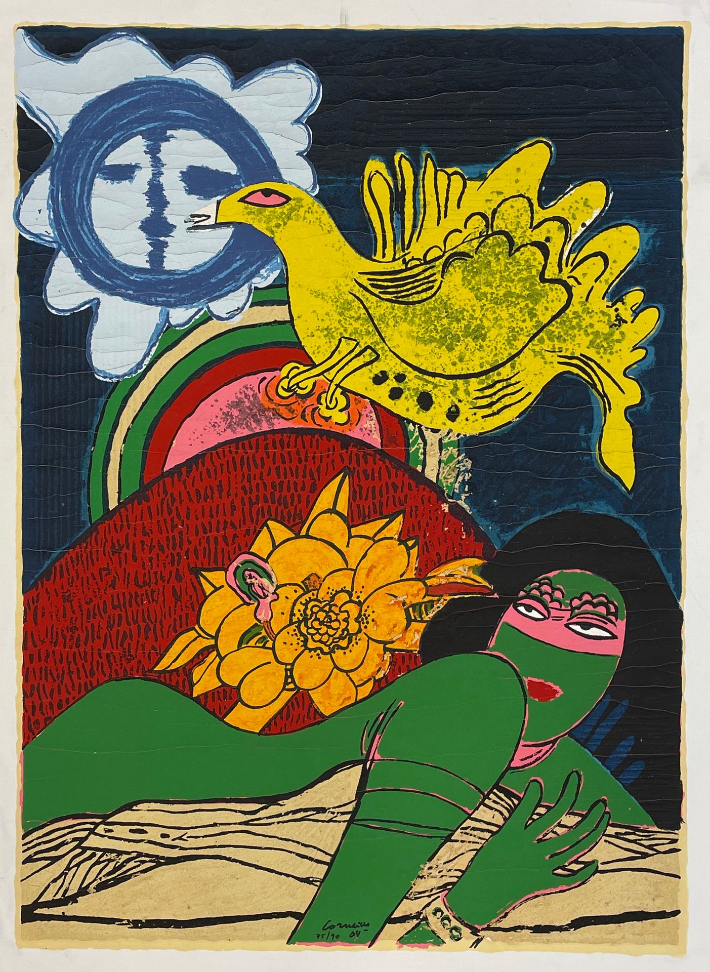 CORNEILLE (C. Van Beverloo, dit). "绿女人和黄鸟"（2004）。画布上的Terragraphy，日期为75/90，有墨水签名。&hellip;