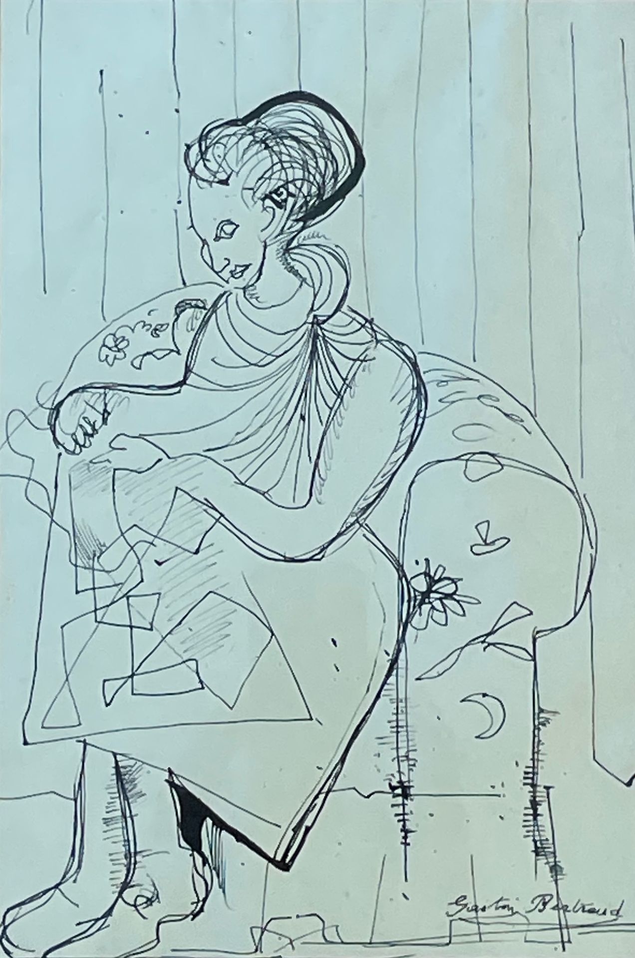 BERTRAND (Gaston). "坐在扶手椅上的女人"。印度墨水，右下角有签名，装在一个镀金的木框里。画框尺寸：37.5 x 29厘米；主题：27.8 x&hellip;