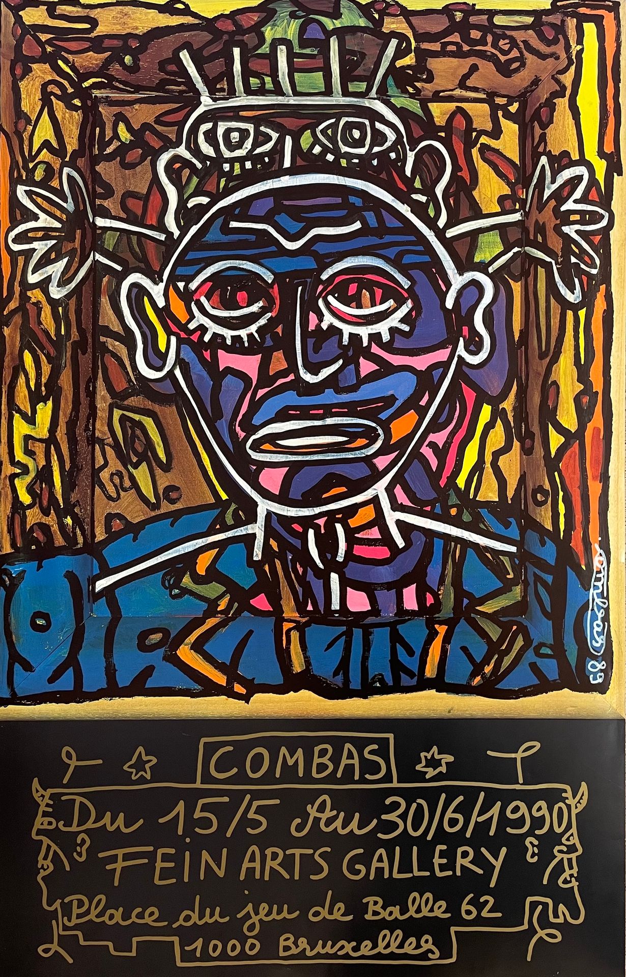 COMBAS (Robert). 海报（1990）。为他在布鲁塞尔费恩艺术画廊的个展而印在光面纸上的四色板。尺寸：85 x 55厘米。