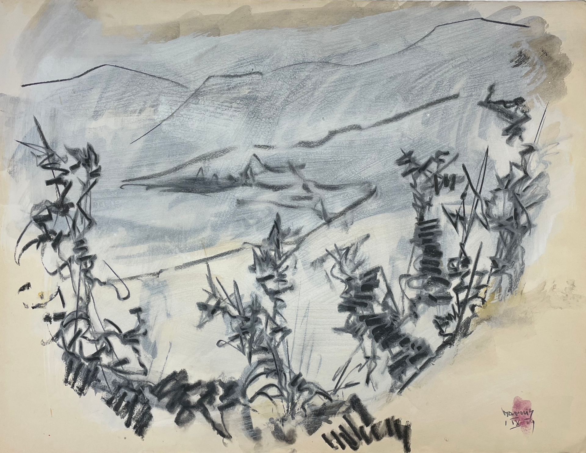 Null CALIYANNIS（马诺里斯）。"海景"（1959年）。纸上水彩画，右下角有日期和签名。支持物和主题的尺寸：50 x 65厘米。