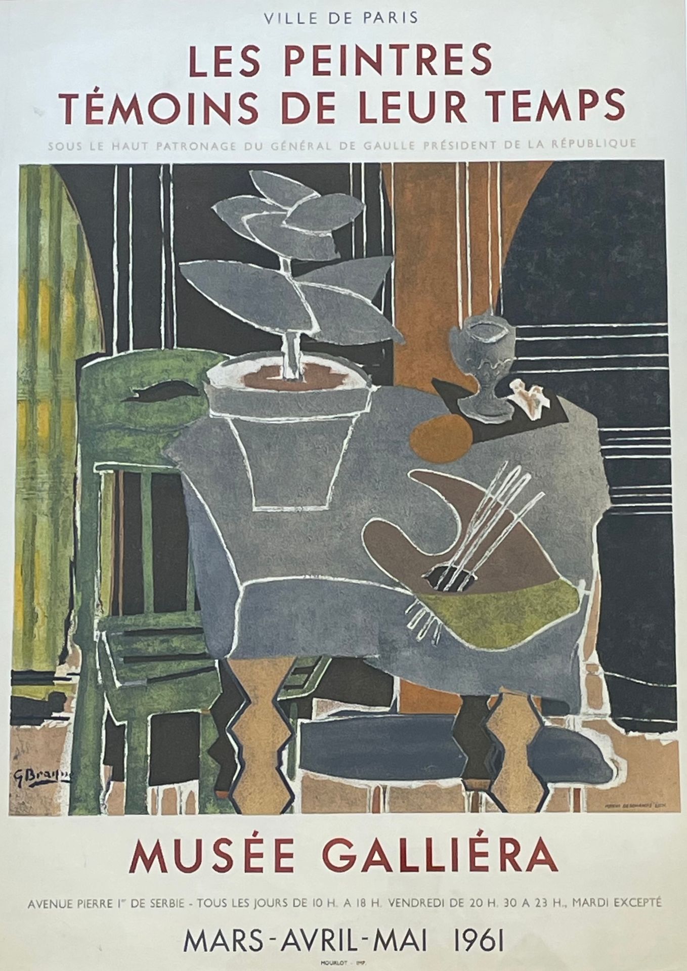 BRAQUE (Georges). "作为时代见证的画家们"（1961年）。彩色石板画，装在镀金的木框中。P. Mourlot，1961年，框架尺寸：77 x &hellip;