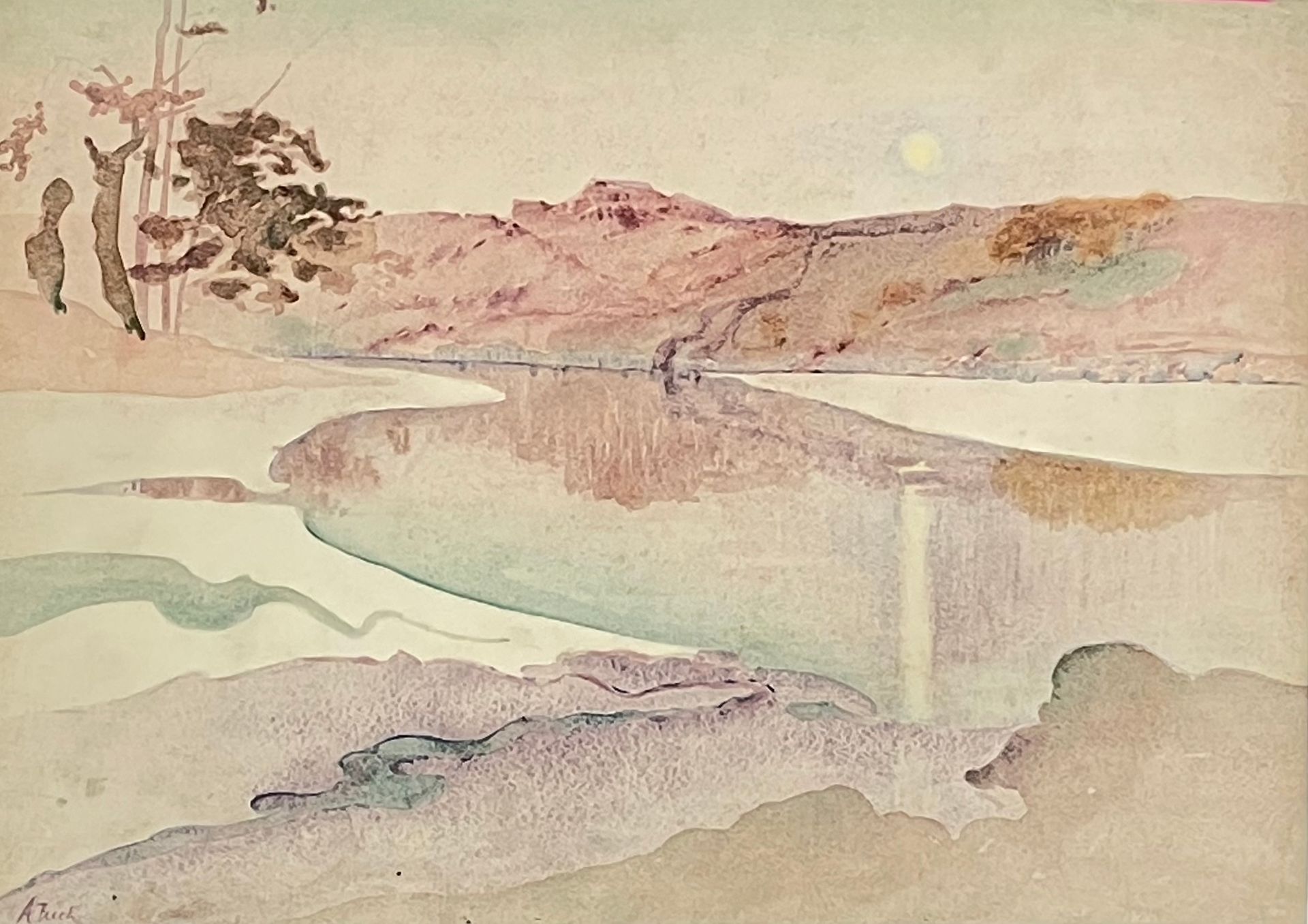 Null BIRCK (Alphonse). "Paysage oriental à l'aube". Aquarelle sur papier, signée&hellip;