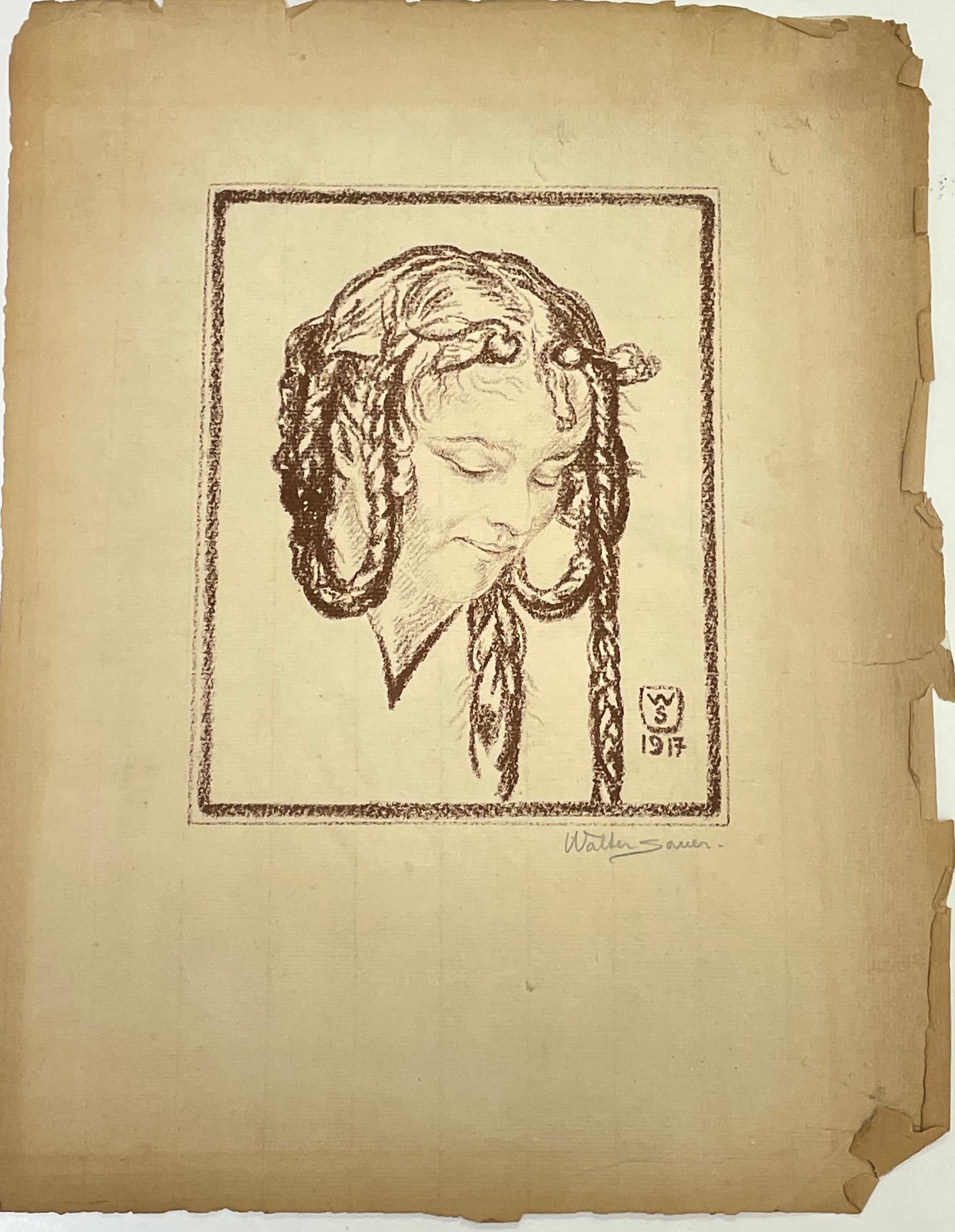SAUER (Walter). "年轻女孩"（1917年）。单色石板画，印在铺纸上，用铅笔签名。底座尺寸：39.5 x 30厘米；主题：21 x 17.5厘米（&hellip;