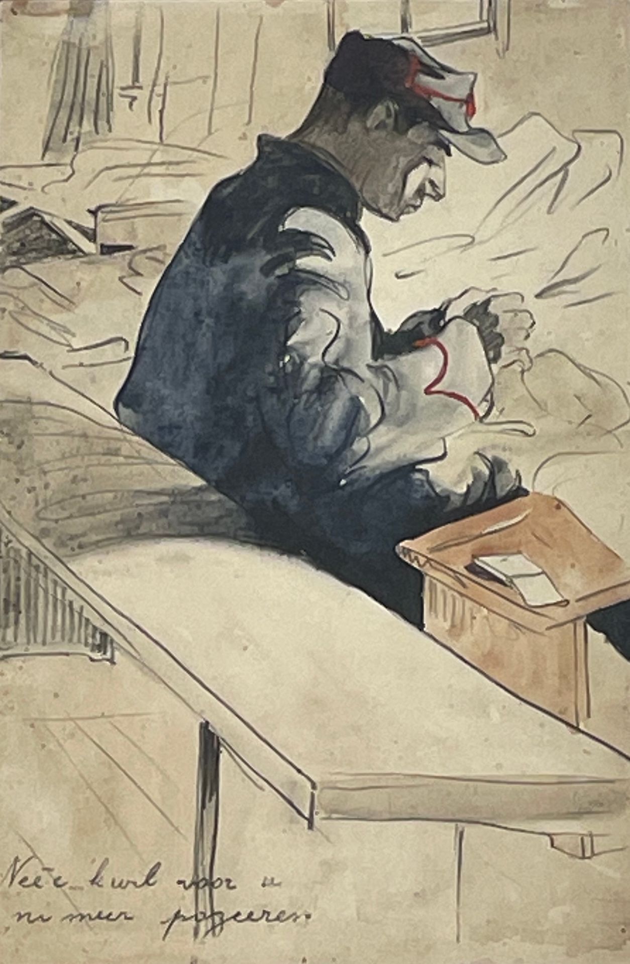 LANGASKENS (Maurice). "哥廷根的士兵"（约1916-1918）。纸上水彩画，有标题，装在垫子下面。画框尺寸：46.5 x 35.5厘米；主&hellip;