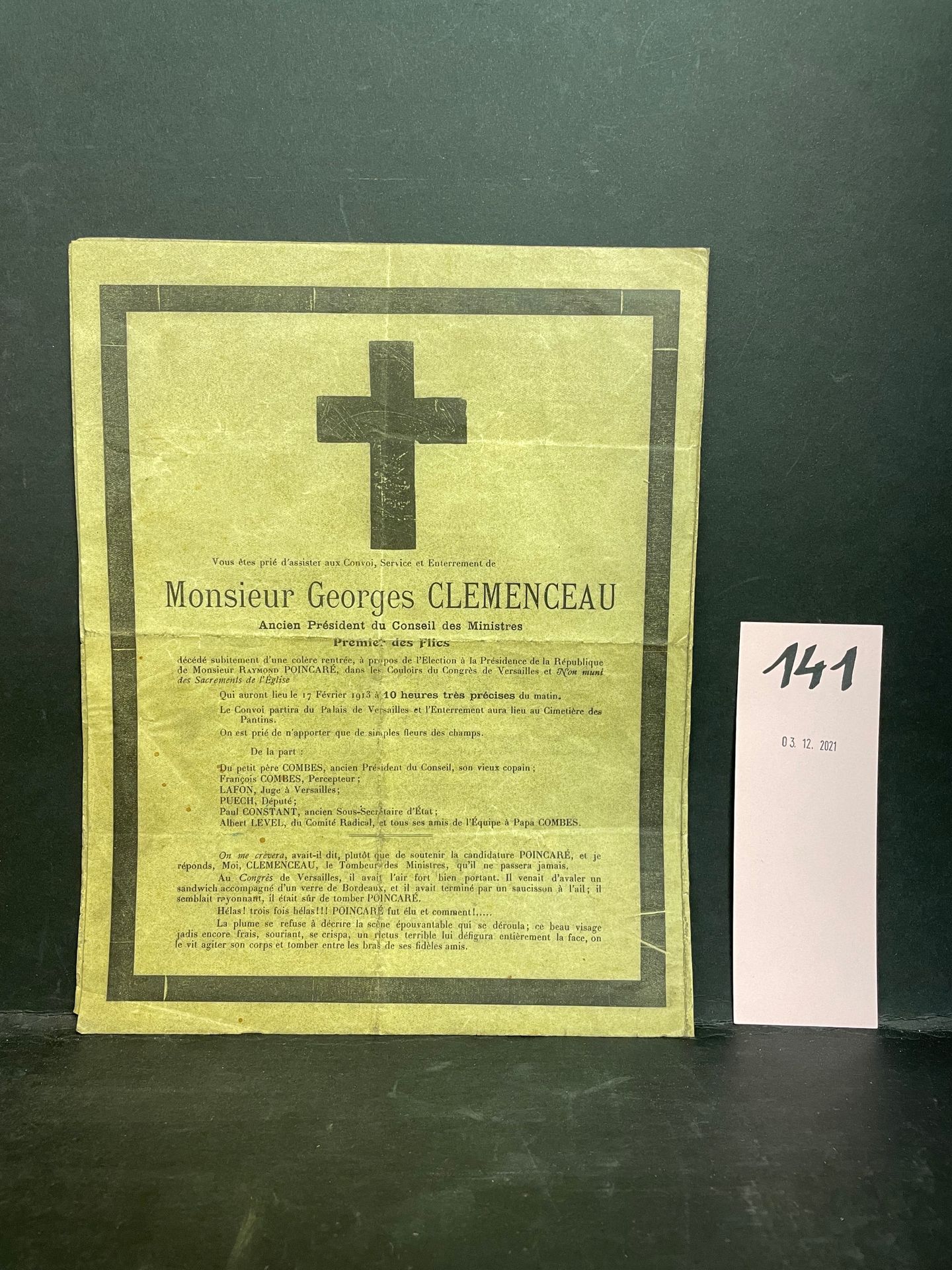 Null 克莱蒙梭的葬礼小册子 - CLEMENCEAU - 单面印刷在一张双张羊皮纸上（？）的乔治-克莱蒙梭的模仿性死亡通知，时间是1913年2月17日，即共&hellip;
