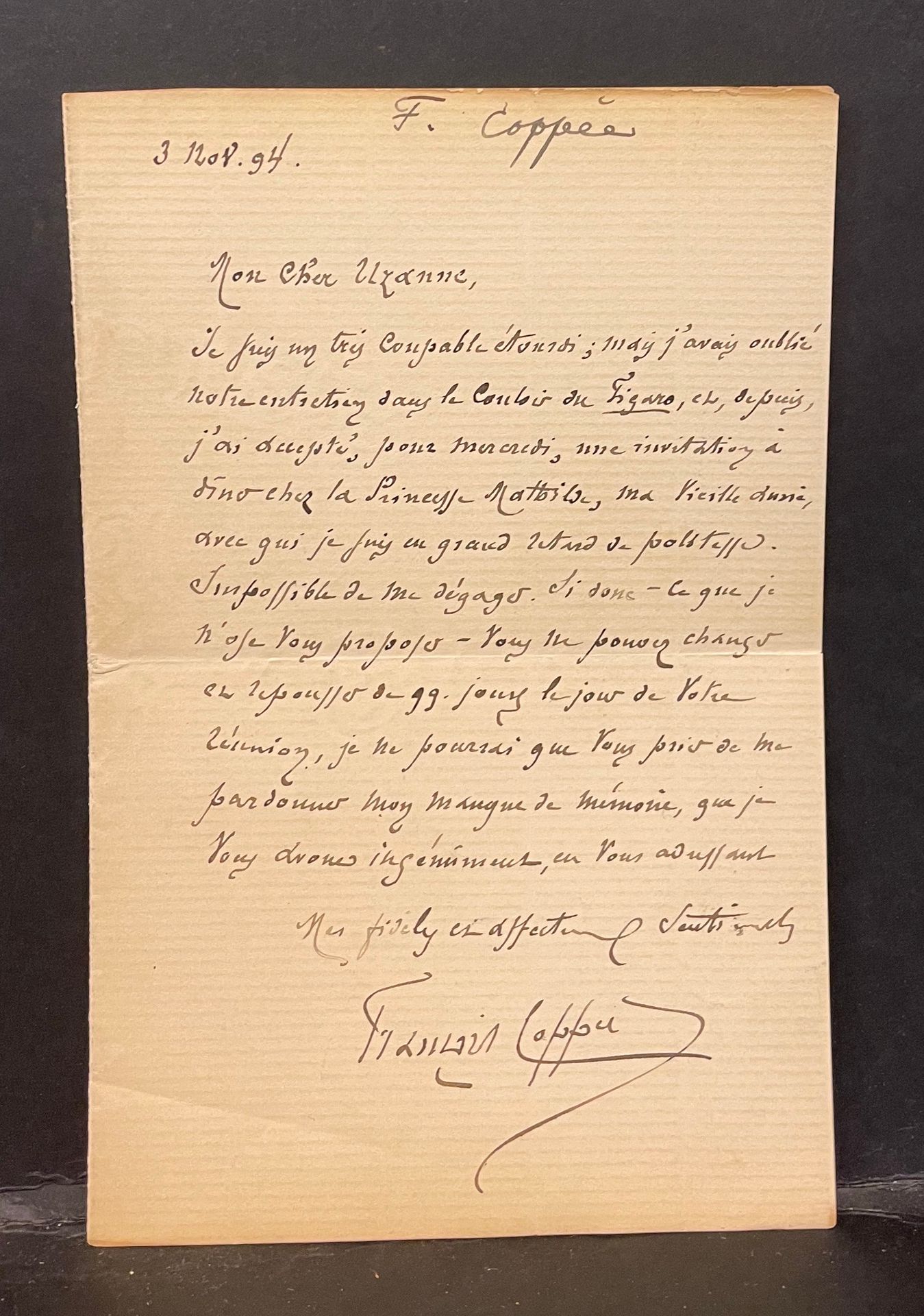 Null COPPÉE，弗朗索瓦（1842-1908），法国作家，签名信，日期为1894年11月3日，1页12开，致[Octave] Uzanne（1852-1&hellip;