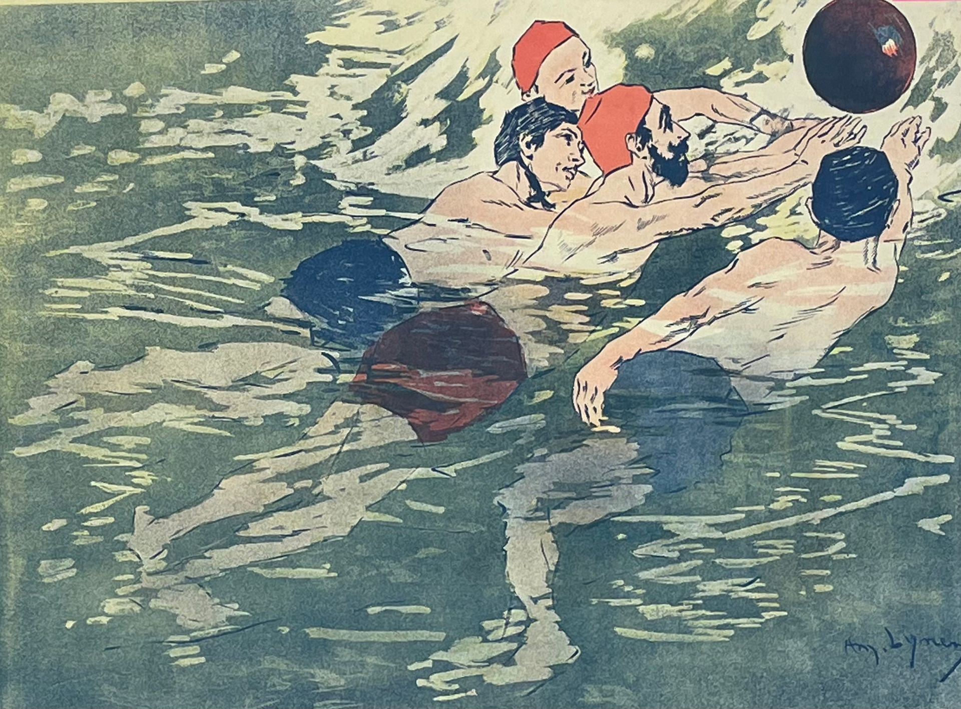 LYNEN (Amédée). "Water Polo". Lithographie en couleurs, montée sous cadre vert e&hellip;