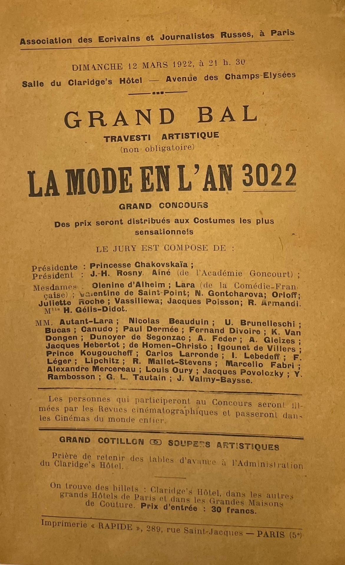 AVANT-GARDE RUSSE.- La mode en l'an 3022 - 极为罕见的传单（22 x 14厘米），一式两份，来自 "巴黎俄罗斯作家和记&hellip;