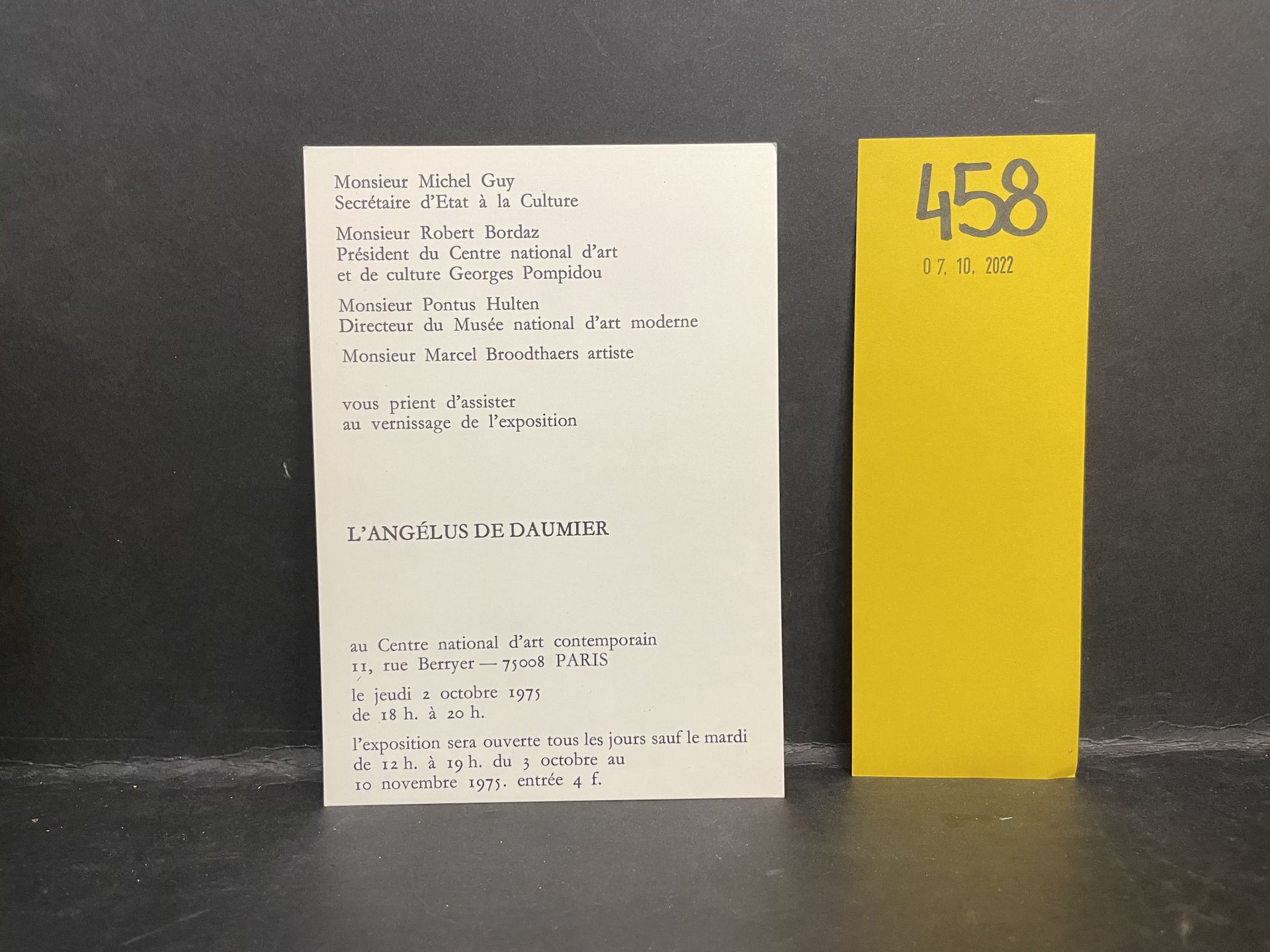 BROODTHAERS (Marcel). "The Angelus of Daumier". Invitation card for the opening &hellip;