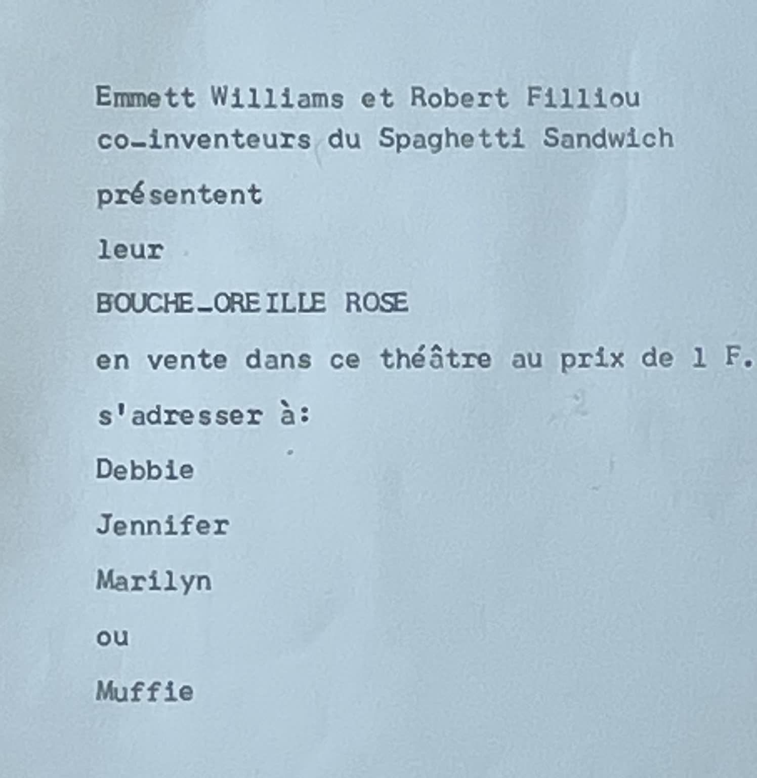 FILLIOU (Robert). "粉红耳口"（1964年）。1张正面用黑色印刷的纸，装在一个木盒里。P.，第二届自由表达节，[1964]，框架尺寸：34 x&hellip;