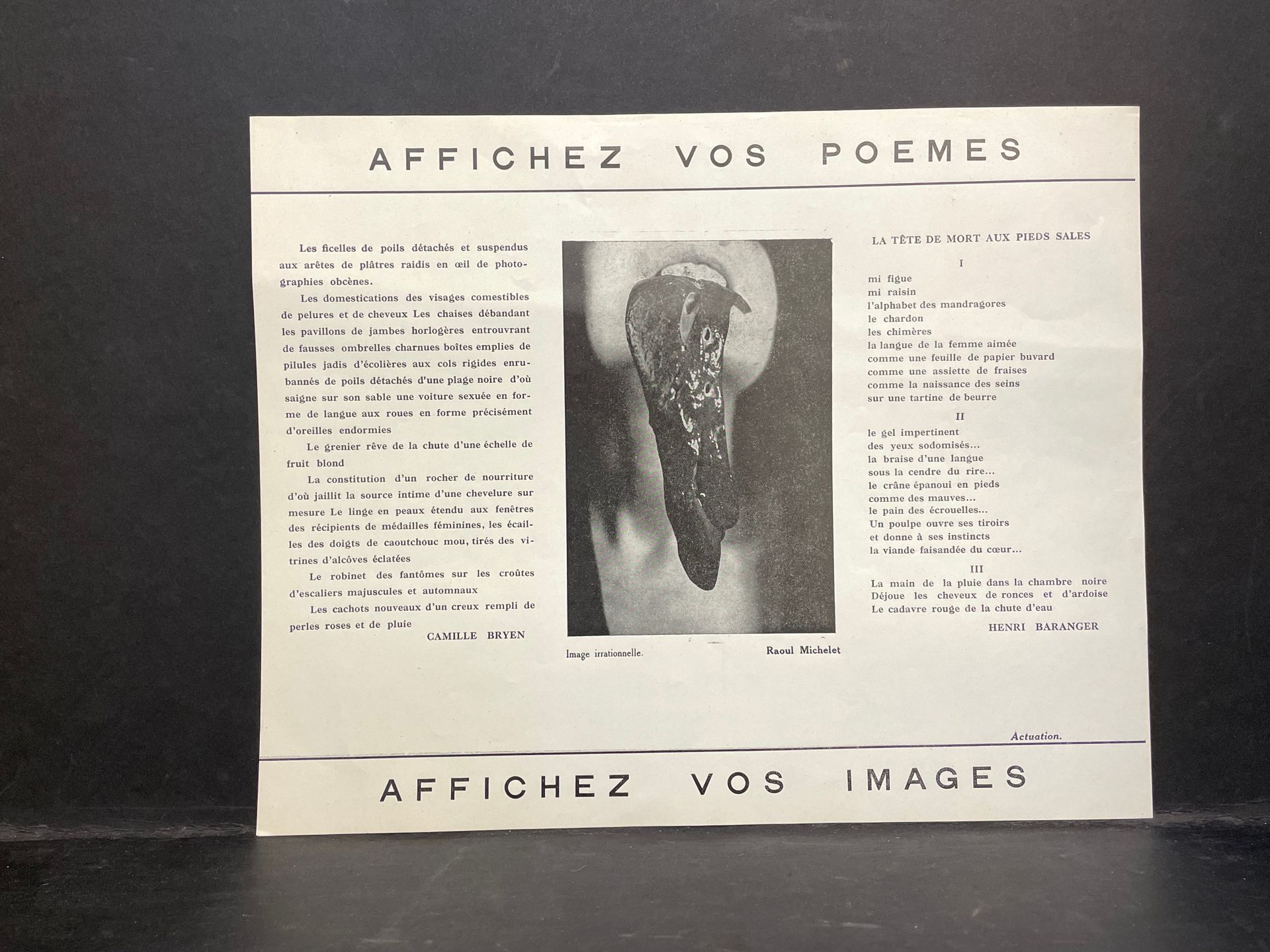 [UBAC].- BRYEN (Camille). "展示你的诗作。Affichez vos images" (1935)。海报正面以黑色印刷，并配有拉乌巴克（&hellip;