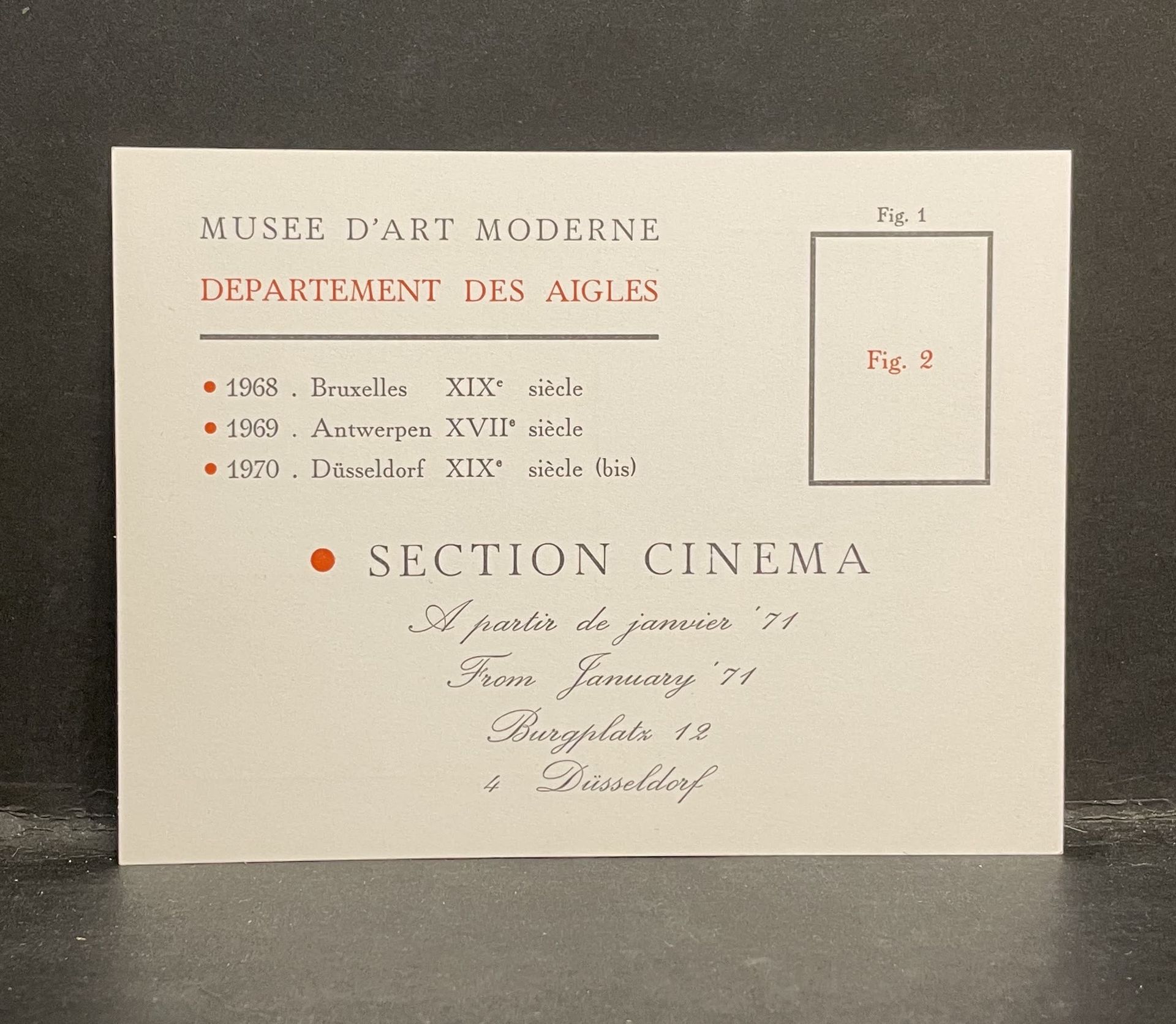 BROODTHAERS (Marcel). 宣布从1971年1月起在杜塞尔多夫的Burgplatz 12号开设 "老鹰部--电影部 "的卡片。1张10.5 × &hellip;