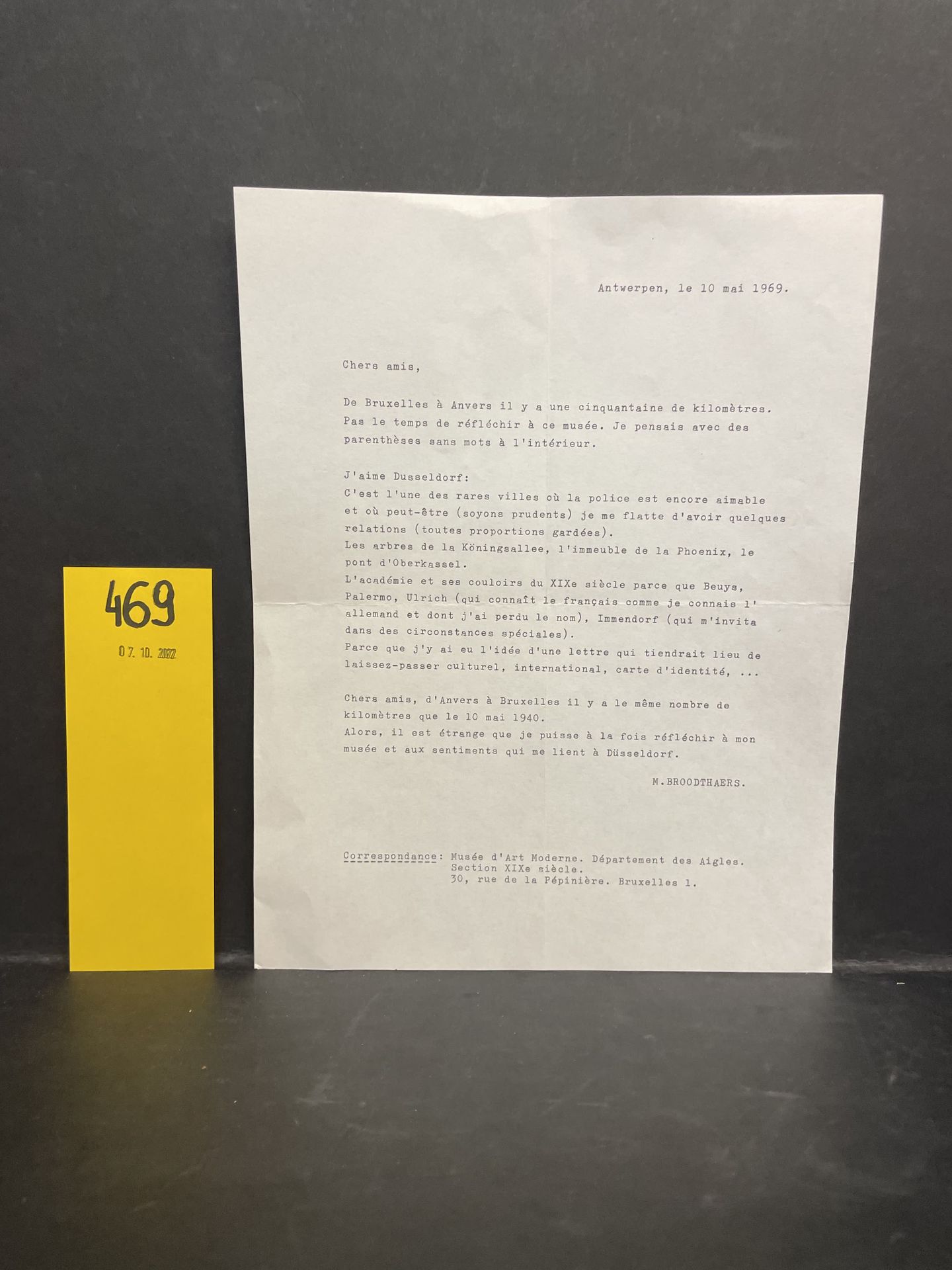 BROODTHAERS (Marcel). Open letter, located and dated "Antwerp, May 10, 1969": "D&hellip;