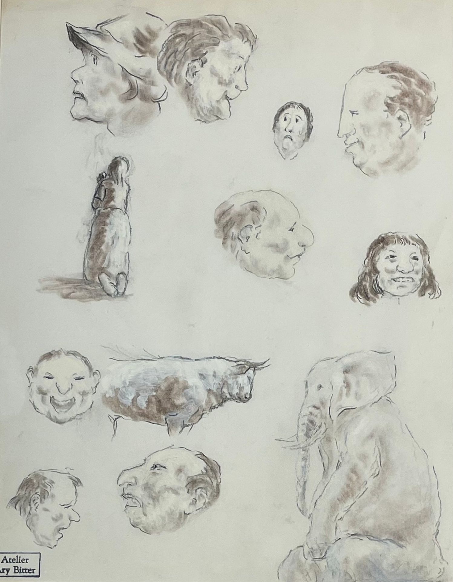 Null BITTER (Ary). "Estudios de caras, elefante y toro". Tinta sobre papel, con &hellip;