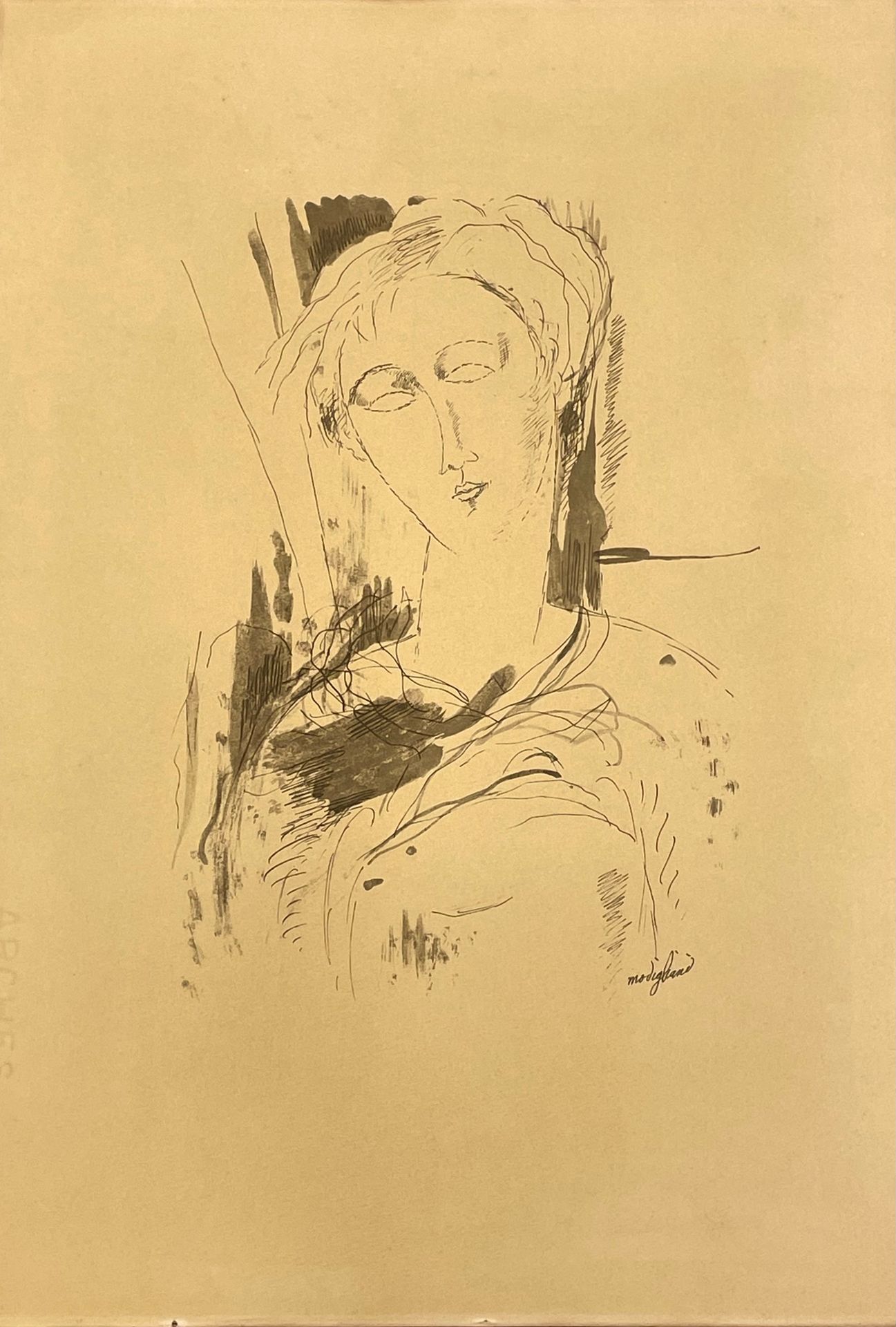 MODIGLIANI (Amadeo). "一个女人的肖像"。在Arches牛皮纸上用黑色印刷。支持物和主题的尺寸：46 x 32厘米（棕色纸）。