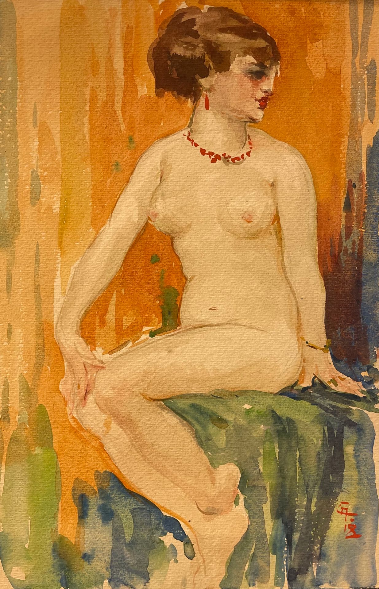 ANTO-CARTE. "戴红领子的裸体"（1918年）。纸上水粉和水彩画，右下角有日期和签名。支持物和主题的尺寸：28,5 x 19厘米。