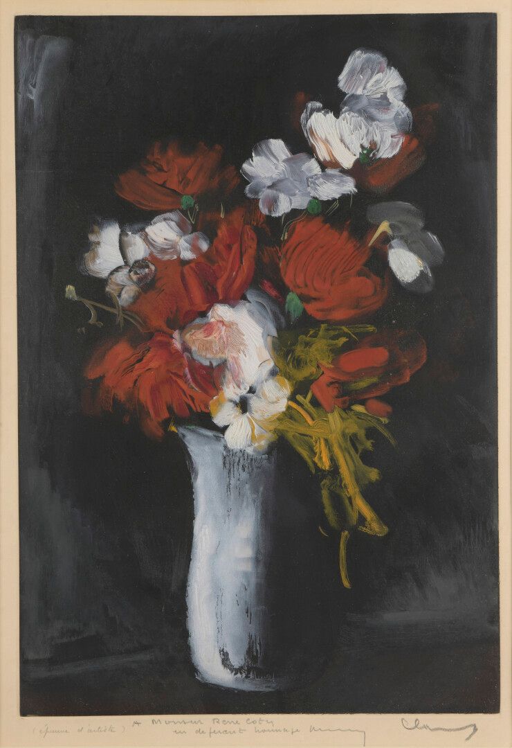 Null Maurice de VLAMINCK (1876-1958)之后。黑色背景上的花瓶。

彩色的螺旋版画。右下角有签名，献给 "René Coty先生&hellip;