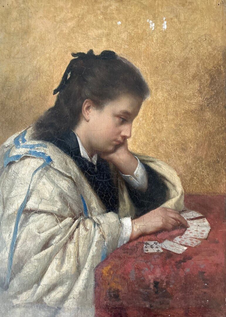 Null 皮埃尔-杜普瓦（Orléans 1833-1915）。年轻女孩在玩牌。

斜面橡木板上的油画。背面有Pierre Dupuis的注解

32,5 x &hellip;