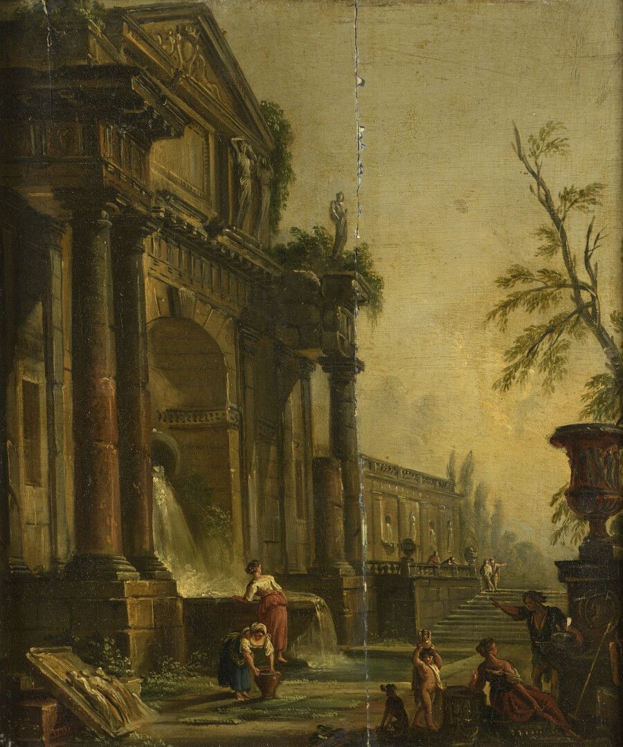 Null Jean-Baptiste LALLEMAND (1716- 1803). Lavandières à la fontaine. 

Panneau &hellip;