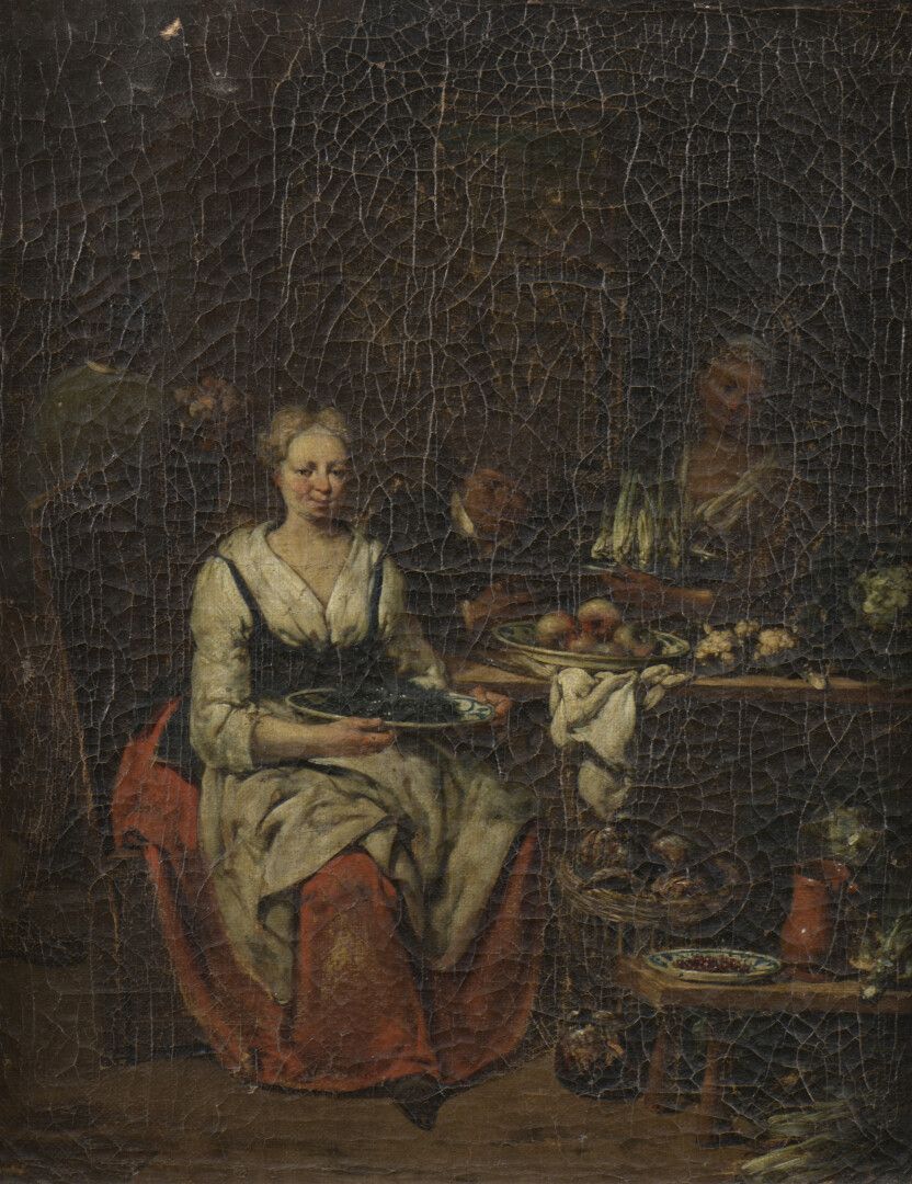 Null 让-巴蒂斯特-兰布拉克特（安特卫普1680-1731）。茶水间的场景与服务的准备。

布面油画

H.42英尺，宽33英尺

橡树叶雕刻的木框，路易十&hellip;