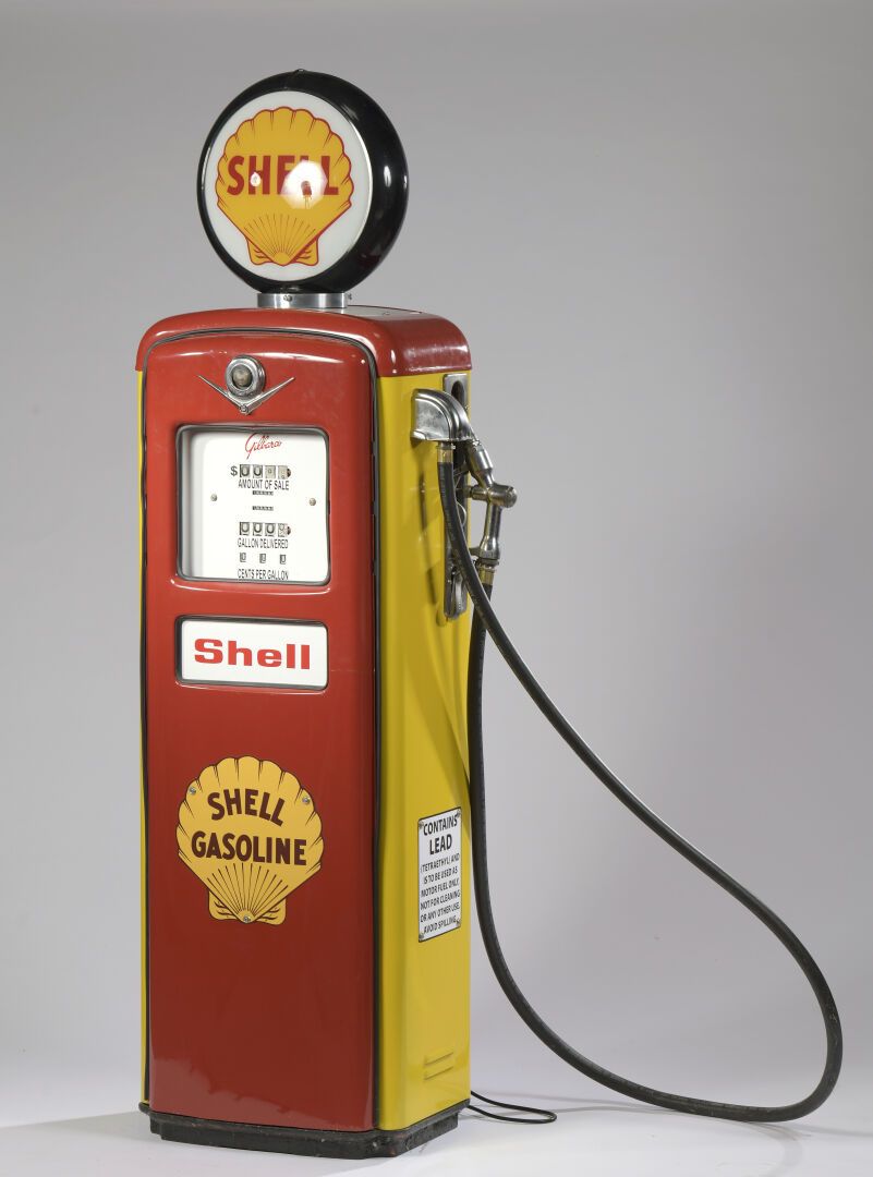 Null SHELL. Pompe à essence en tôle laquée jaune et rouge, cadran à plaque émail&hellip;